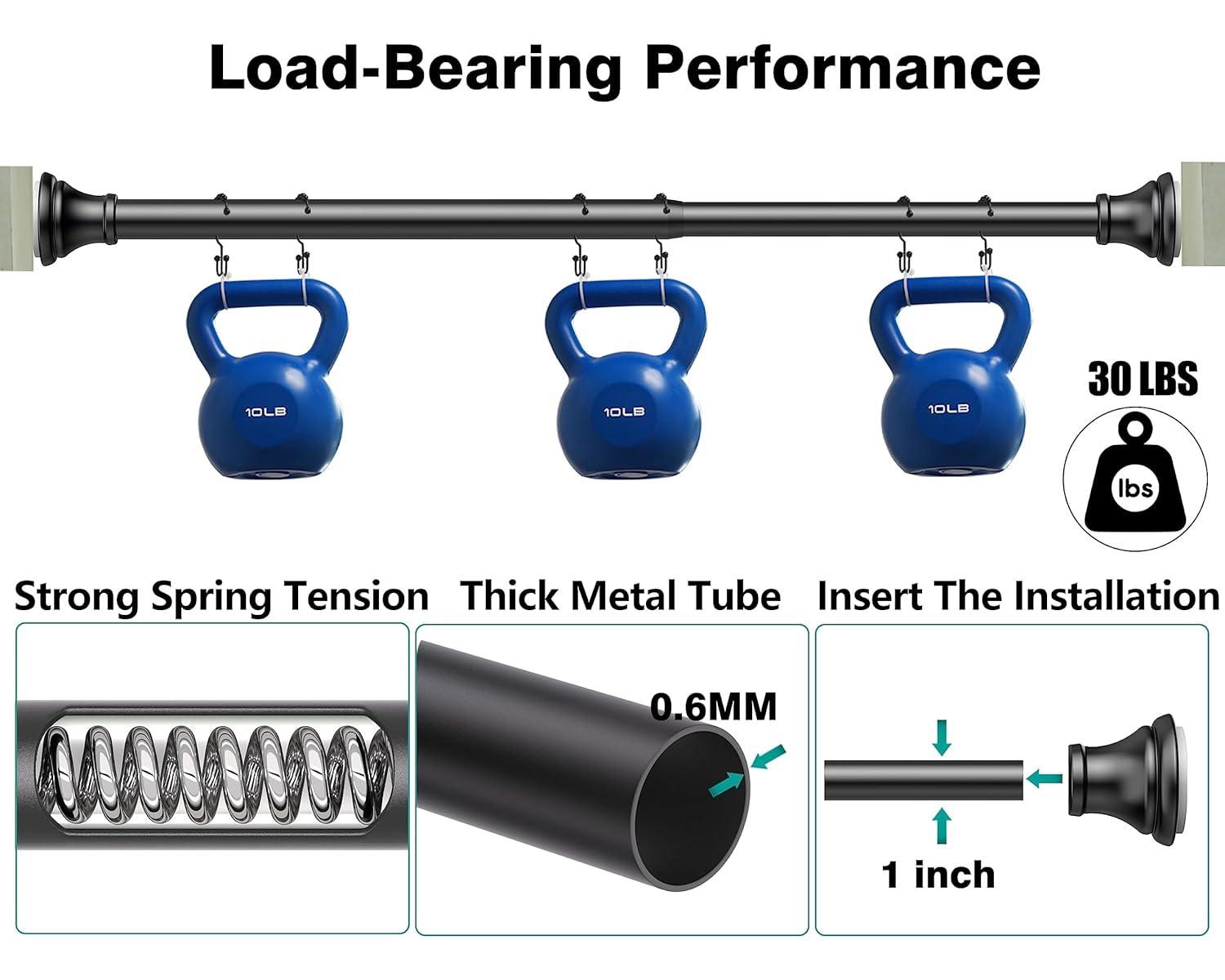 BloomFlower Black Shower Curtain Rod, 43-72 inches, Matte Black,Never Rust , Metal Rod,Tension Rod with Spring