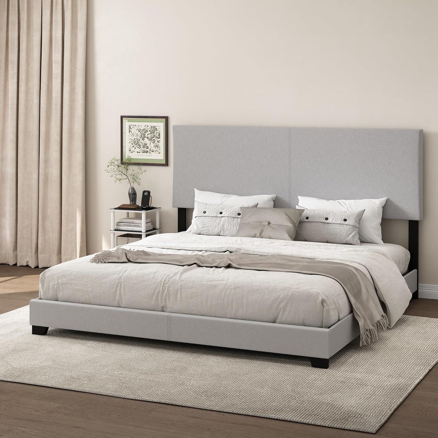 King Glacier Linen Upholstered Bed Frame with Wooden Slats