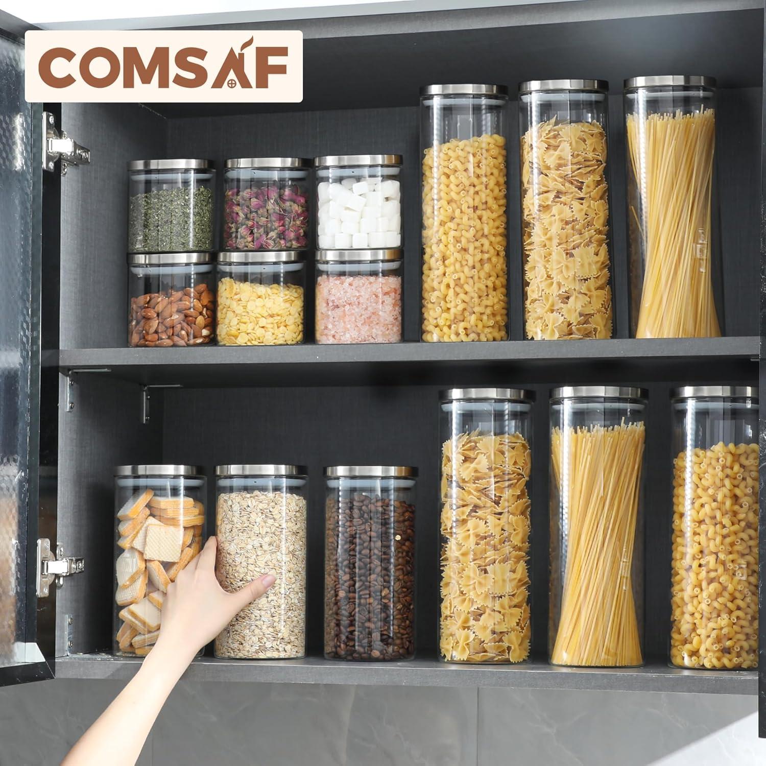 44Oz Glass Storage Containers With Lids, Glass Jars With Lids, Clear Food Storage Jar, Square Glass Canister Set Of 3, Pantry Organizers And Storage For Flour Oat Pasta Tea Cookie Coffee Bean