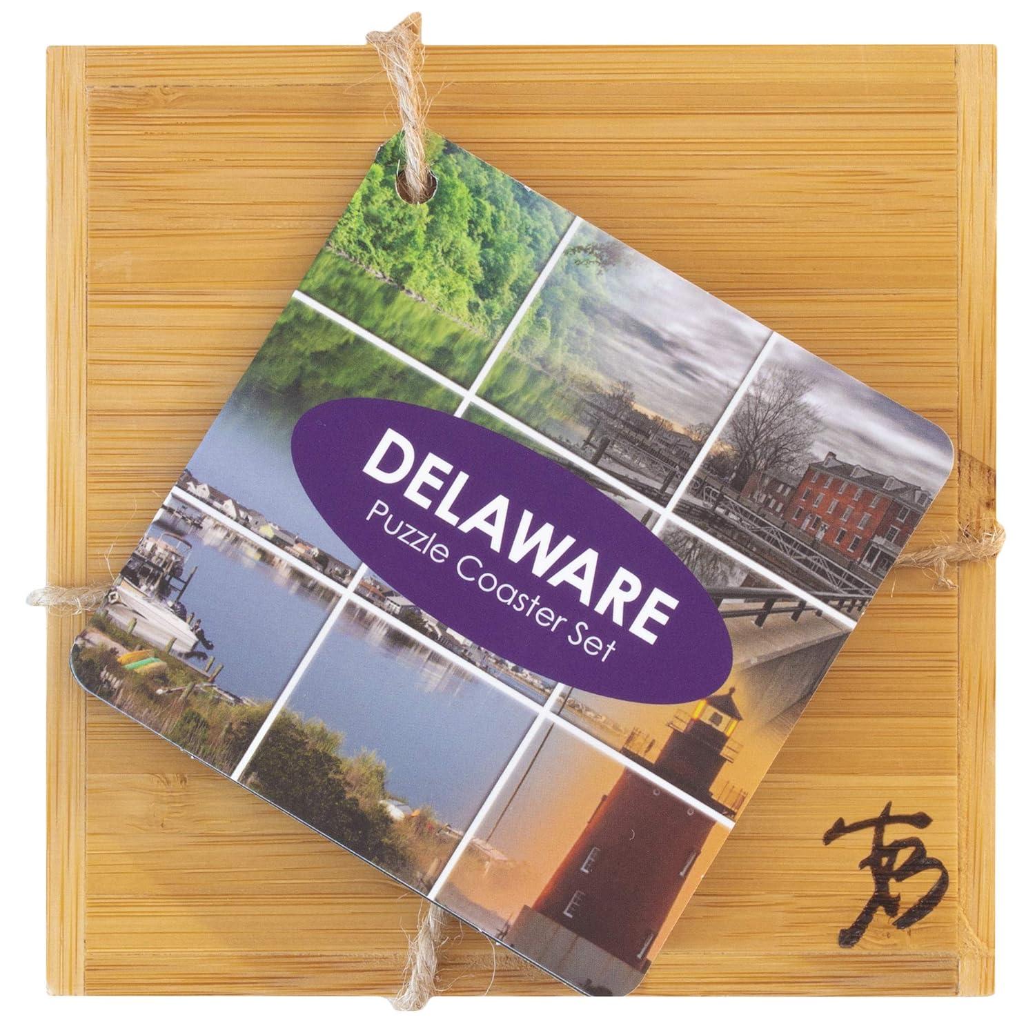 Delaware State Puzzle Bamboo Coaster Set with Case