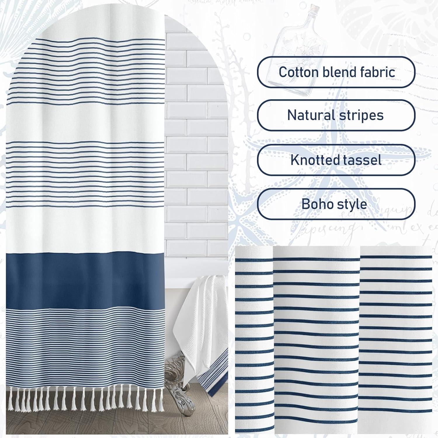 bufftieo Navy Blue and White Shower Curtain for Bathroom Boho Striped Fabric Modern Farmhouse Tassel Shower Curtain Sets - 72" x 72"