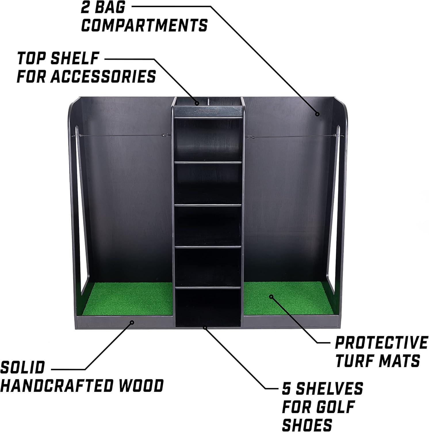 GoSports Premium Wooden Freestanding Golf Bag Organizer and Storage Rack