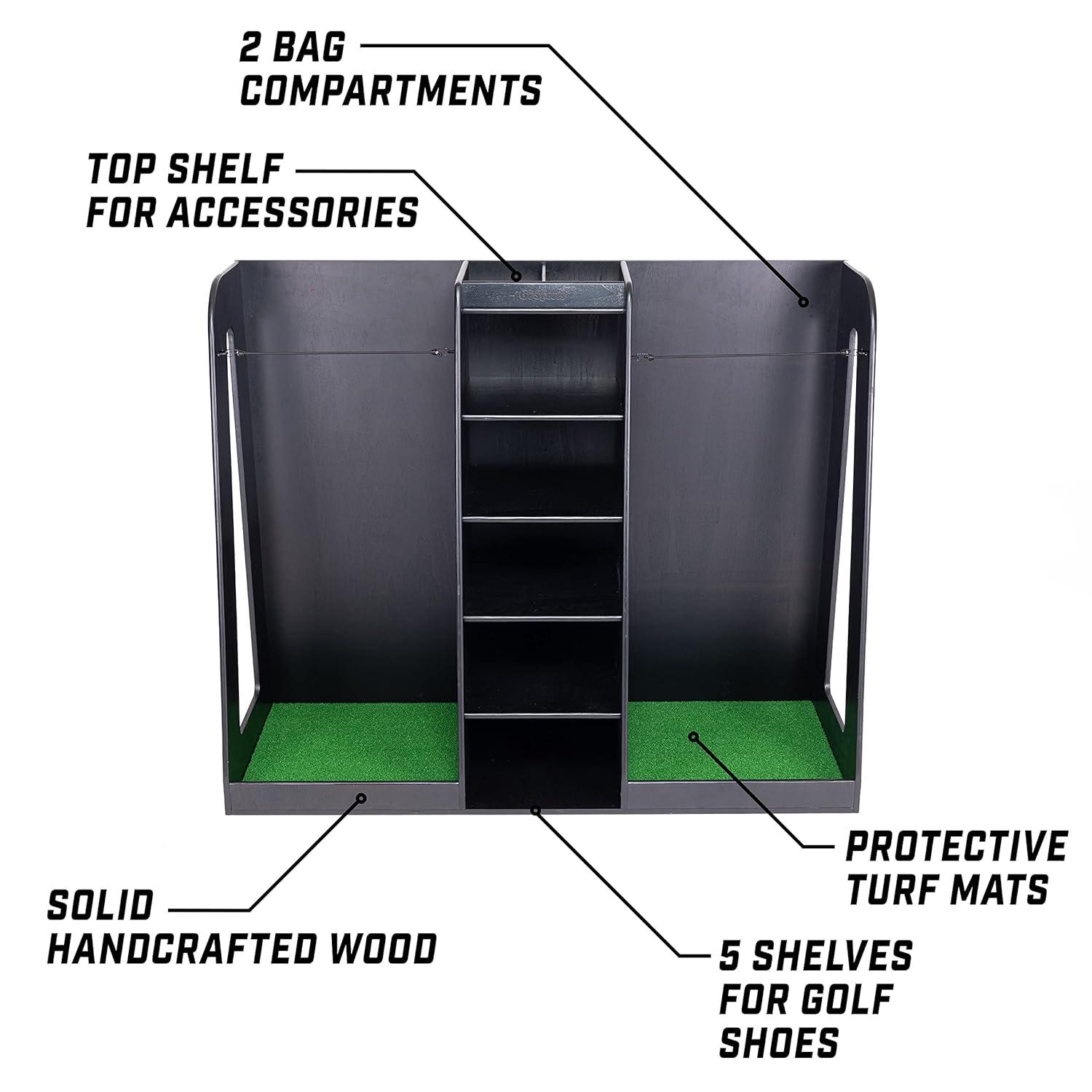 GoSports Premium Wooden Freestanding Golf Bag Organizer and Storage Rack