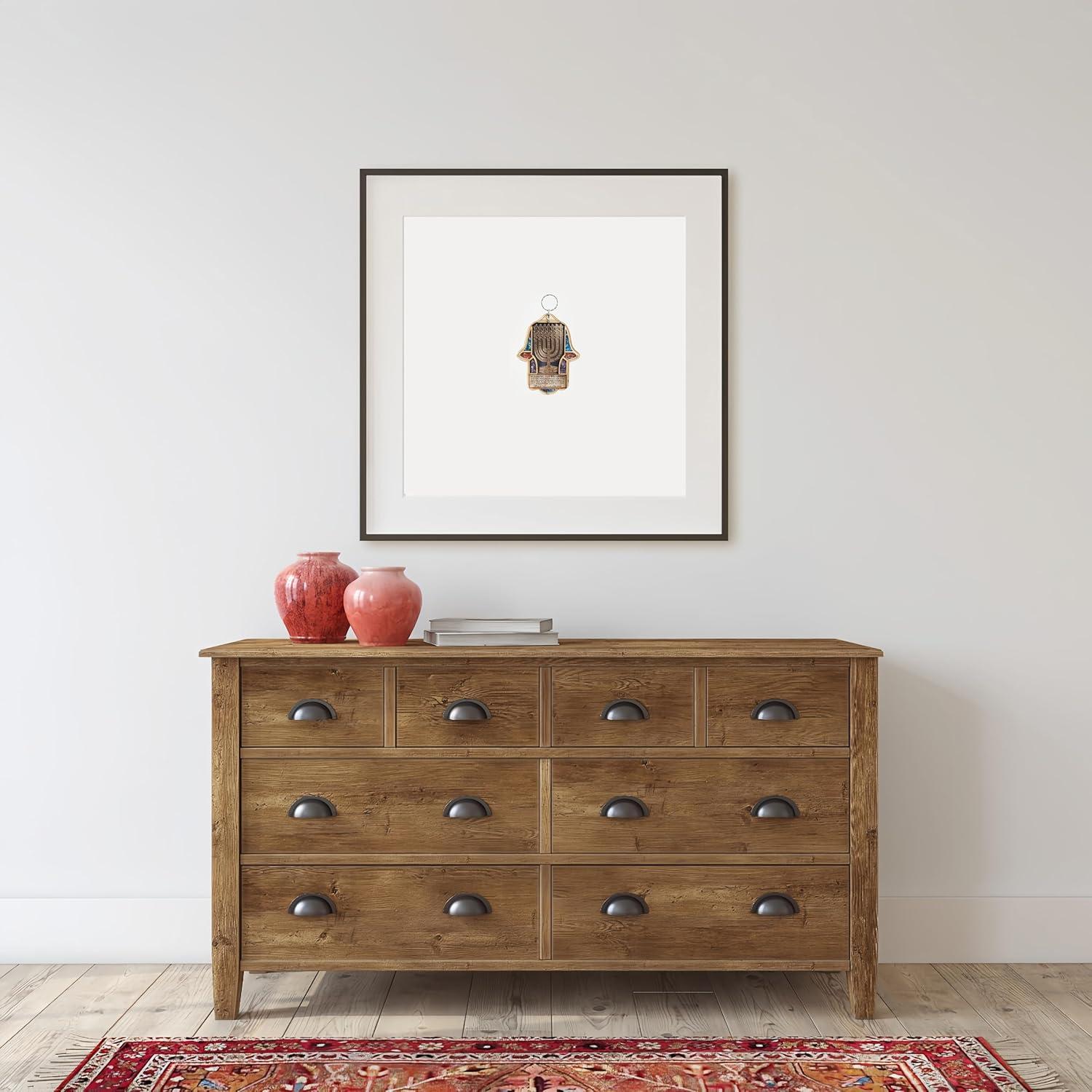 Jewish Wooden Hamsa Menorah Blessing for Home - Good Luck Wall Decor with Simulated Gemstones