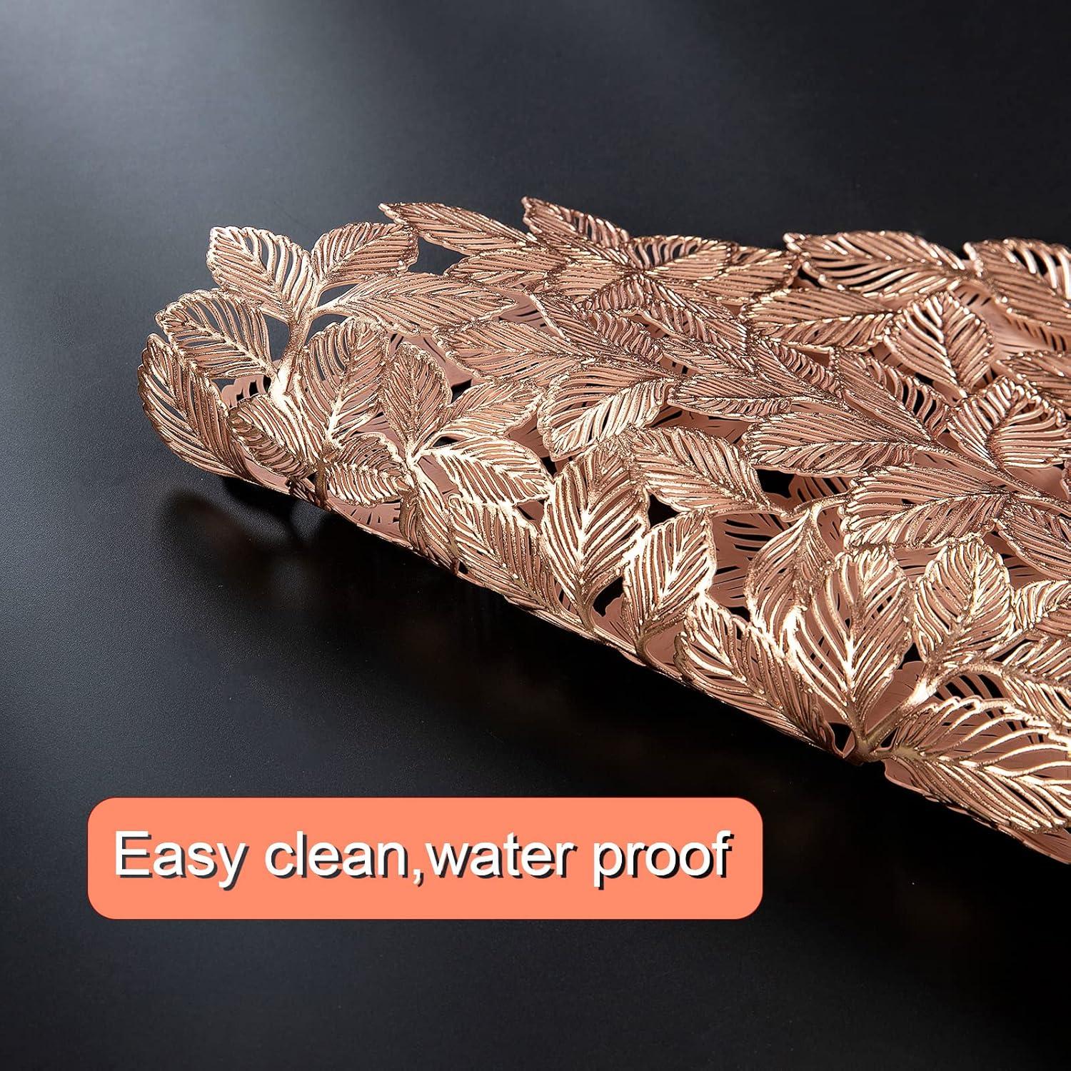 Rose Gold Placemats Set of 6 Metallic Leaf Round Placemats Non-Slip Wipeable Table Mats for Dinner,Party,Home Decoration Wedding Accent Centerpiece