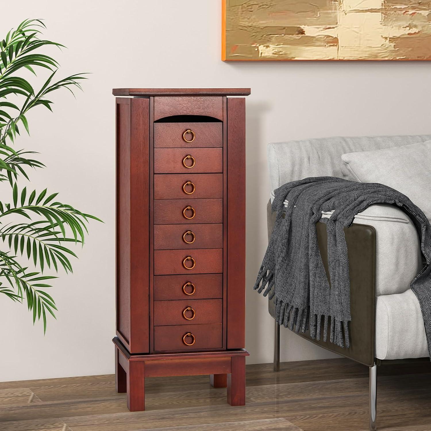 NAFORT Jewelry Armoire with Top Flip Vanity Mirror, Jewelry Cabinet with 9 Drawers and 2 Side Doors for Necklace, Large Storage Capacity Jewelry Organizer and Storage, Walnut