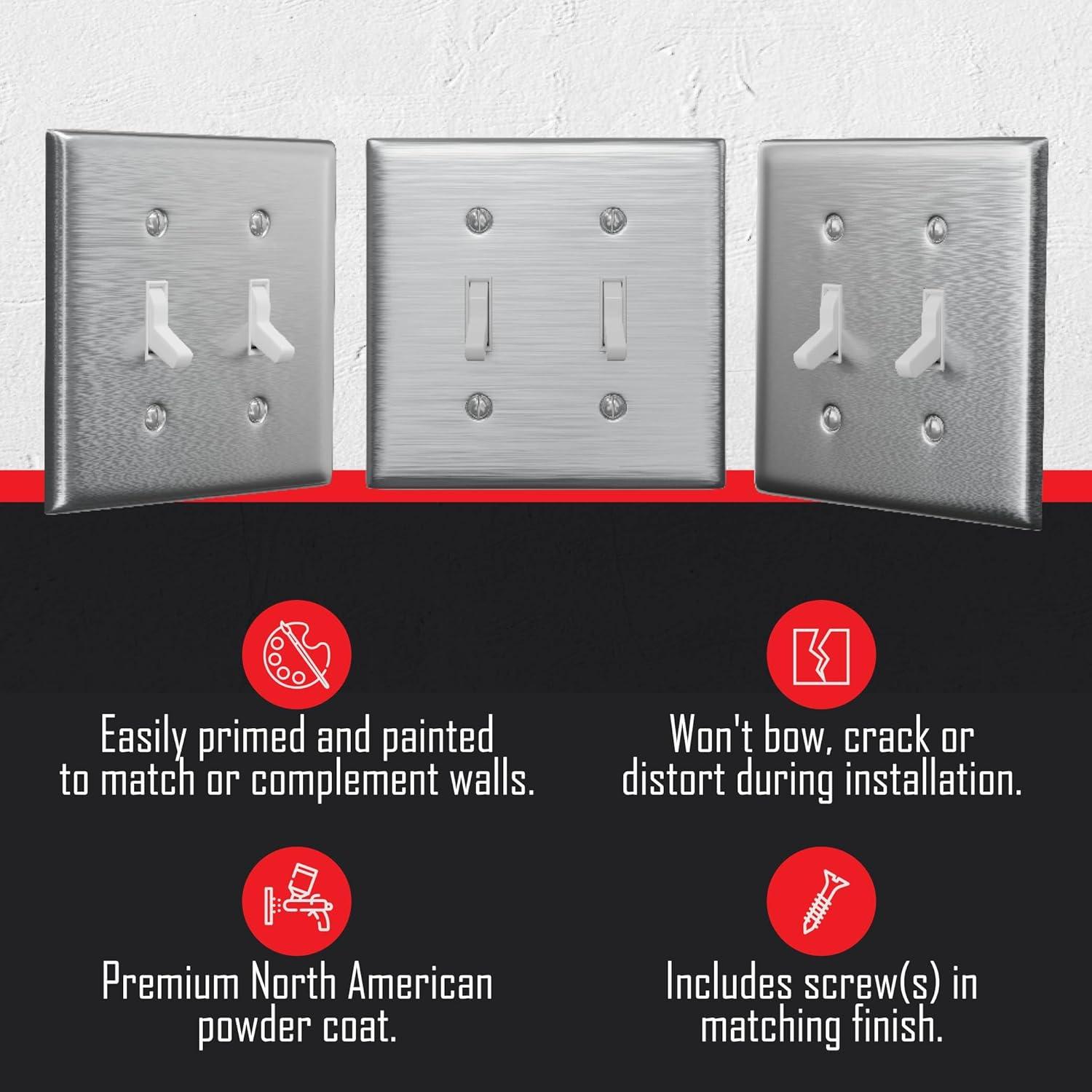 TayMac WSS-TT 2-Gang Stainless Steel Standard 2-Toggle Metal Wall Plate, Outlet Cover Wall Plate with Screws, Light Switch Cover Plate for 2 Devices