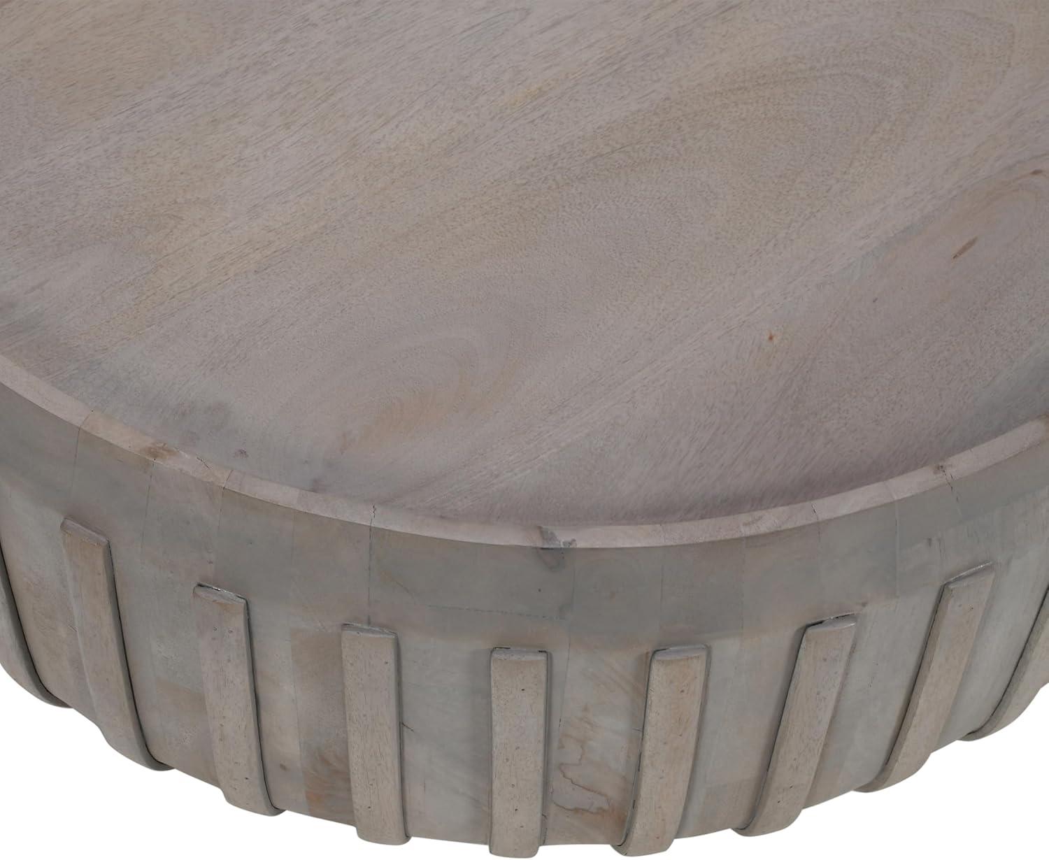 The Urban Port 36" Coffee Table Handcrafted Drum Shape with Ribbed Edges Gray Mango Wood Gray