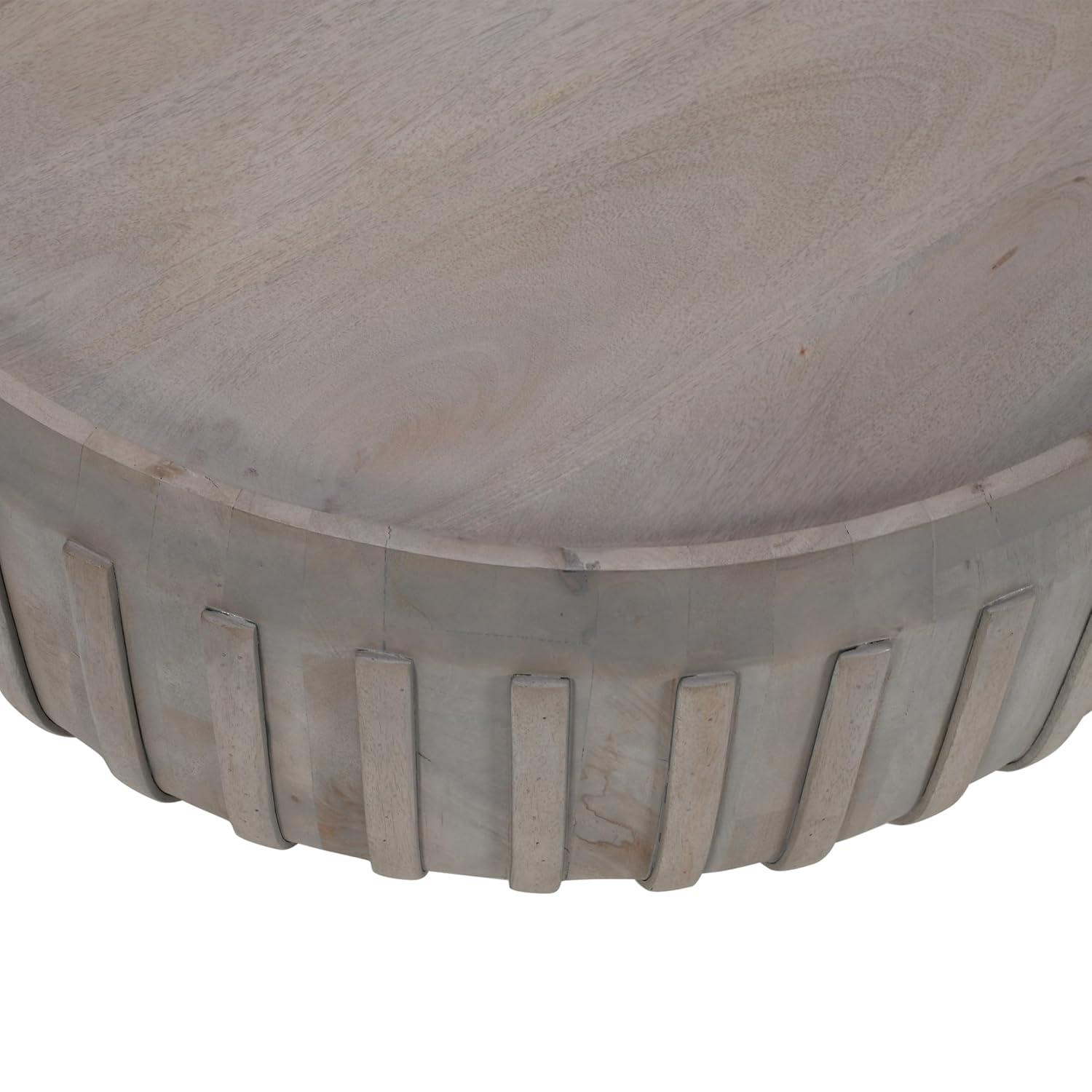 The Urban Port 36" Coffee Table Handcrafted Drum Shape with Ribbed Edges Gray Mango Wood Gray
