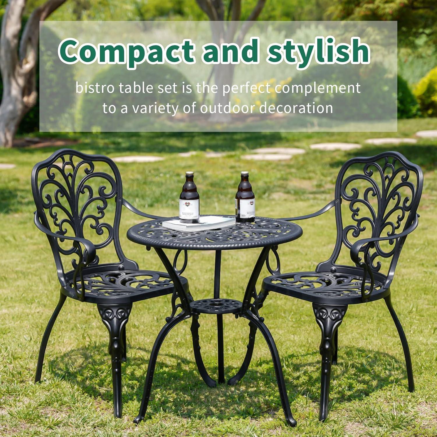 PATIO-IN 3 Piece Bistro Set Cast Aluminum Bistro Table and Chairs Set of 2 with Umbrella Hole,Patio Furniture Sets for Front Porch,Garden