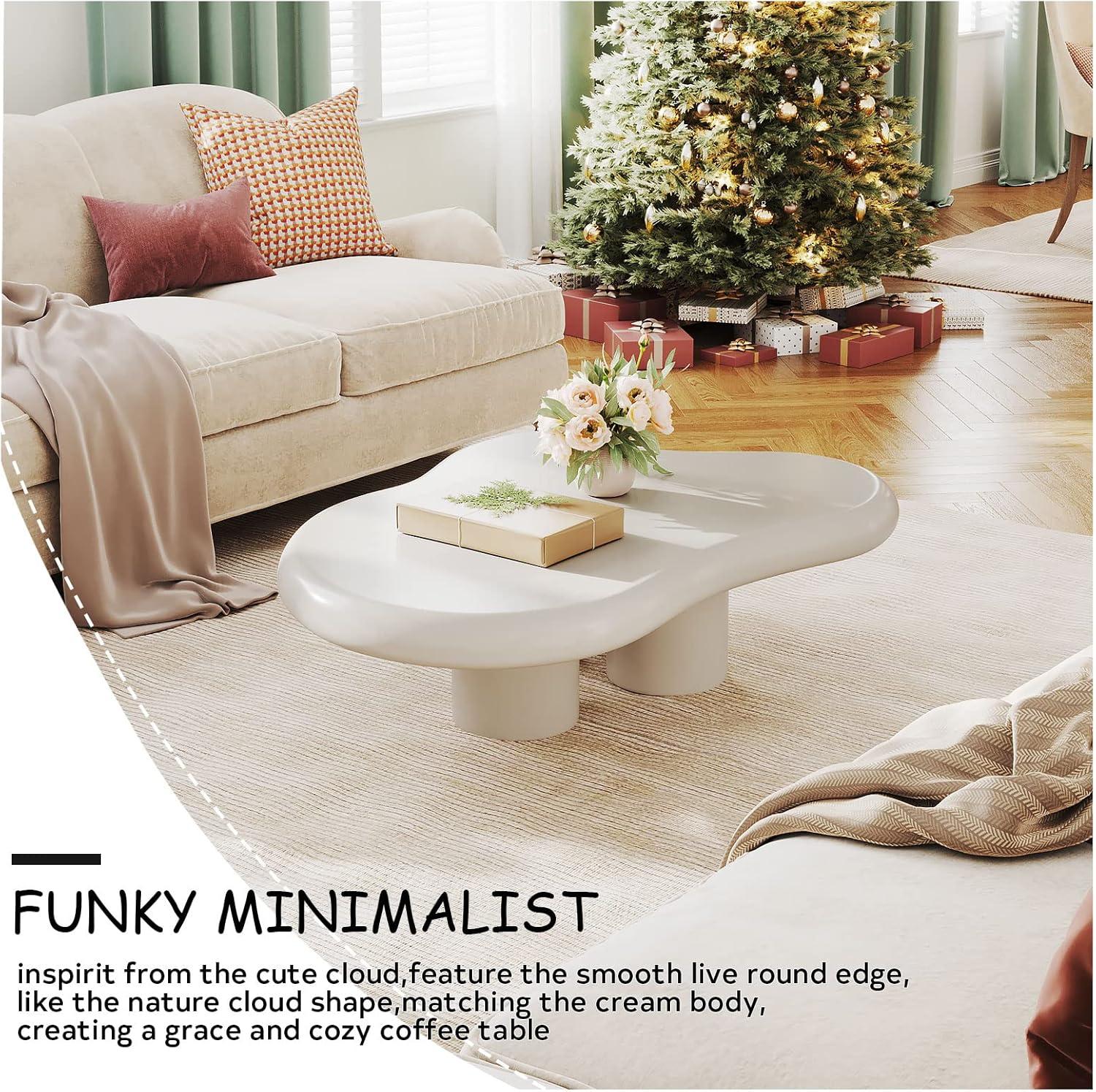 Guyii 41.02" Cream White Cloud Coffee Table, Irregular Coffee Table with 3 Legs for Living Room, Office