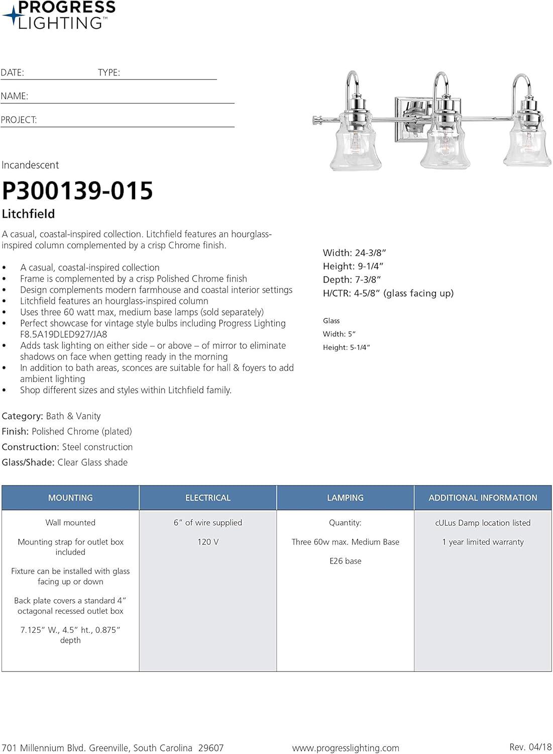 Progress Lighting Litchfield 3-Light Bath Vanity, Polished Chrome, Clear Glass Shades