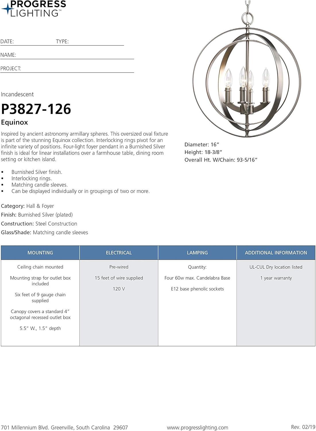 Progress Lighting Equinox 4-Light Foyer Pendant, Steel, Burnished Silver, No Shade