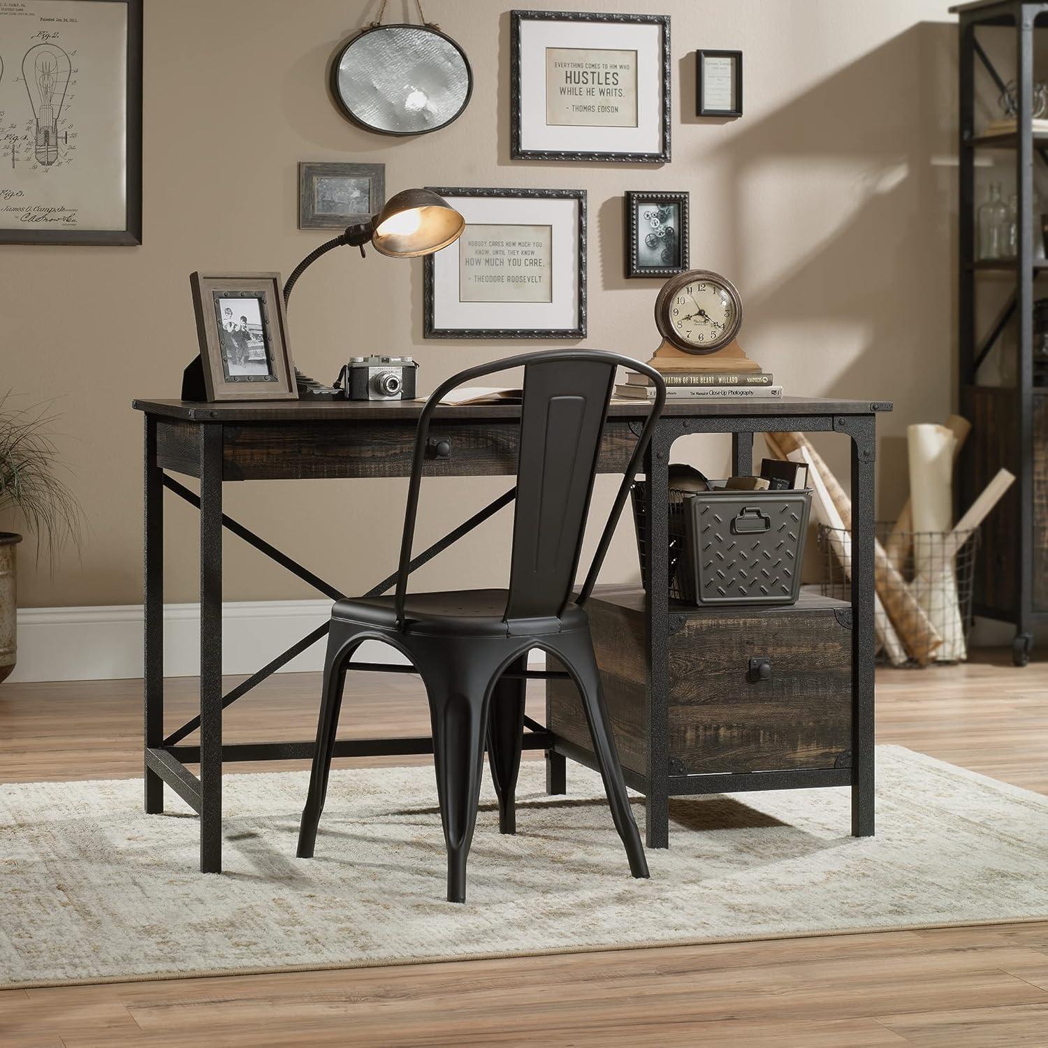 Rustic Carbon Oak Workstation with Powder-Coated Metal Frame