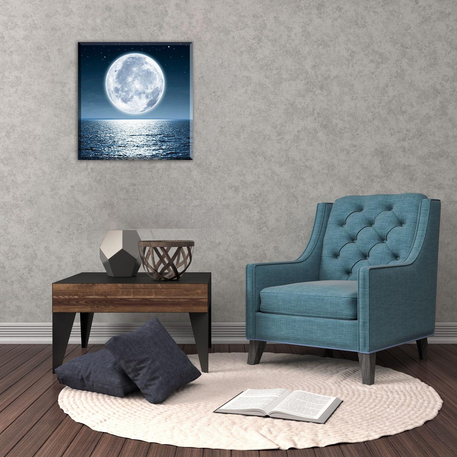 JEUXUS Moon Painting Canvas Wall Art - Moonrise On Sea Ocean Framed Pictures for Living Room Decorations  Home Office Modern Landscape Poster Nature Print Ready to Hang Bedroom Bathroom Artwork