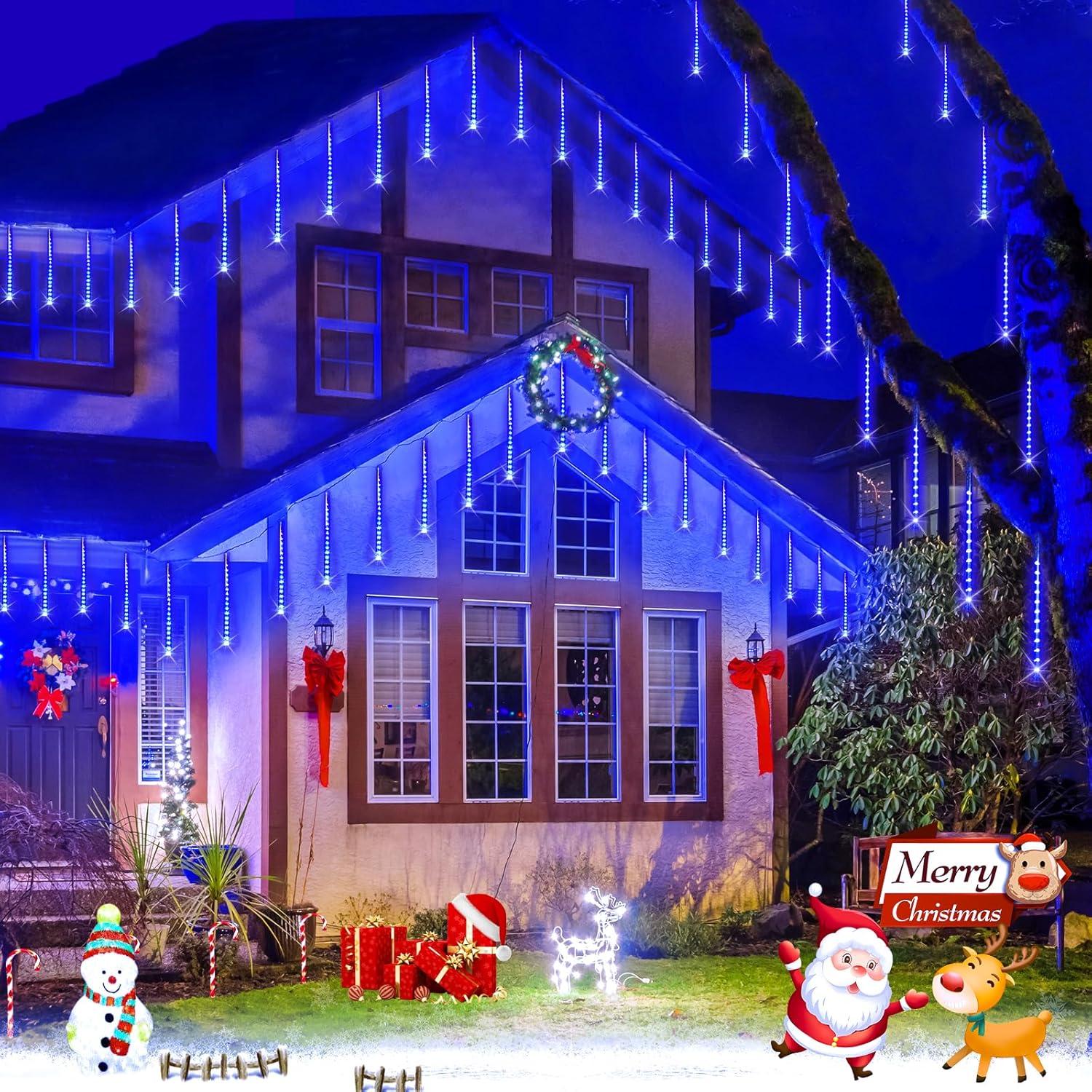 YZhouD 30cm 8-Tube 144 LED Warm White Solar Meteor Rain Lights - Falling Fairy String Lights for Xmas Tree, Wedding, Holiday Party Decor