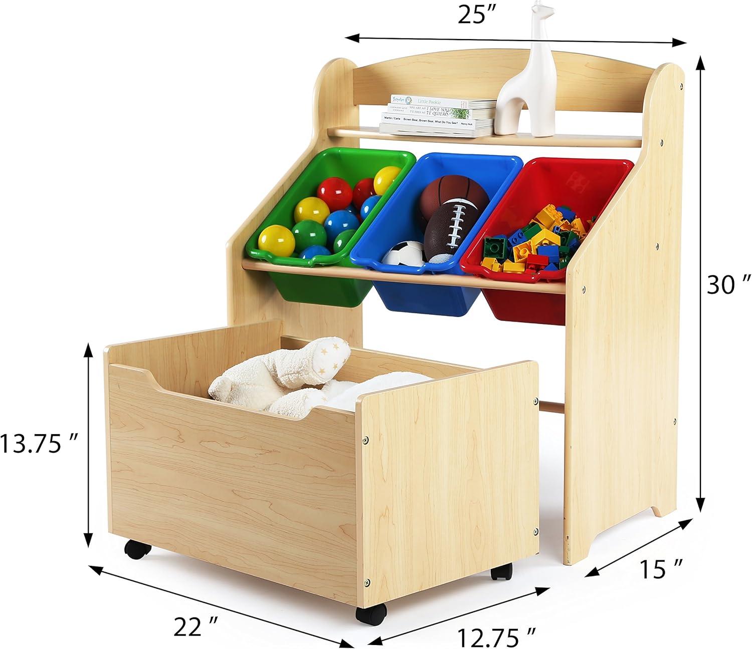 Humble Crew 3-in-1 Toddler-Size Storage Organizer with Rolling Toy Box, Plastic Bins, Natural/Primary