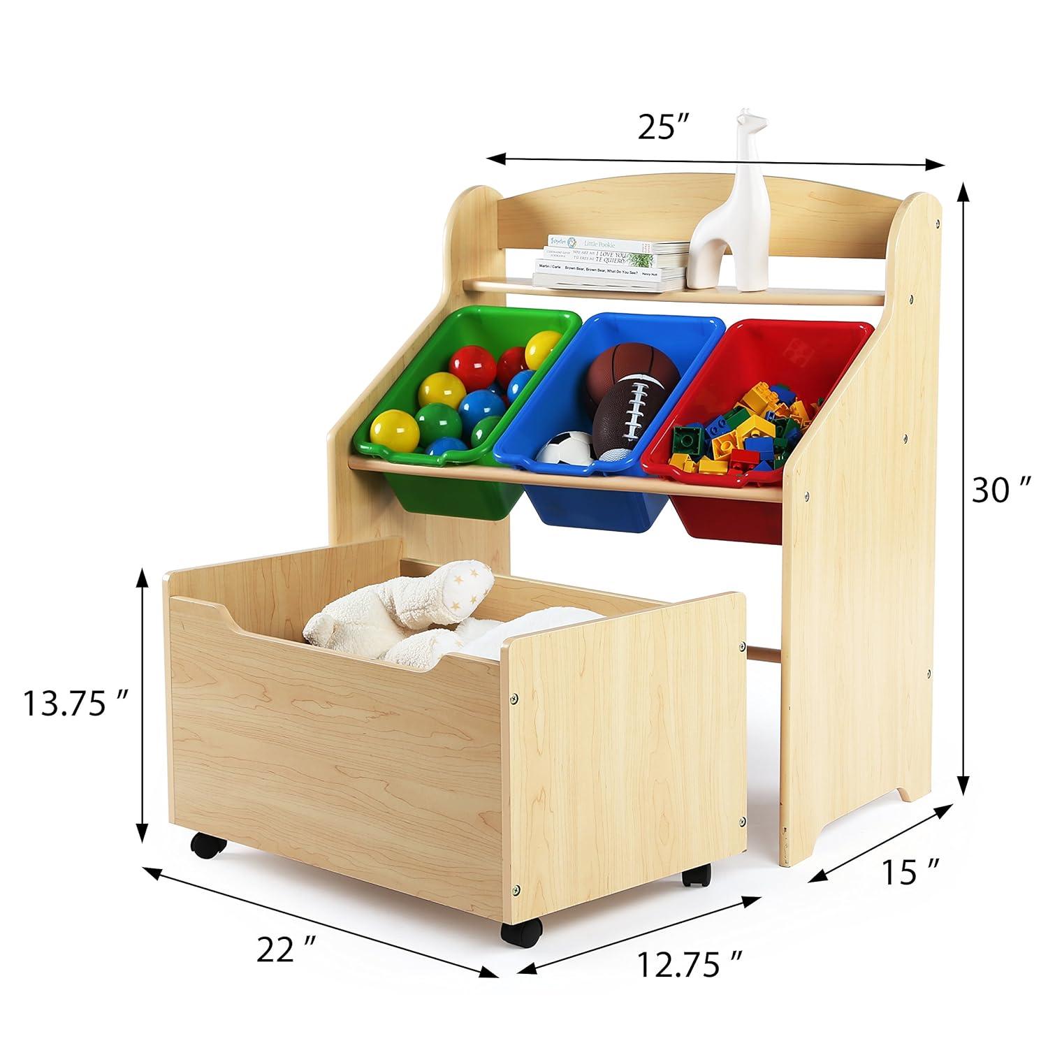 Humble Crew 3-in-1 Toddler-Size Storage Organizer with Rolling Toy Box, Plastic Bins, Natural/Primary