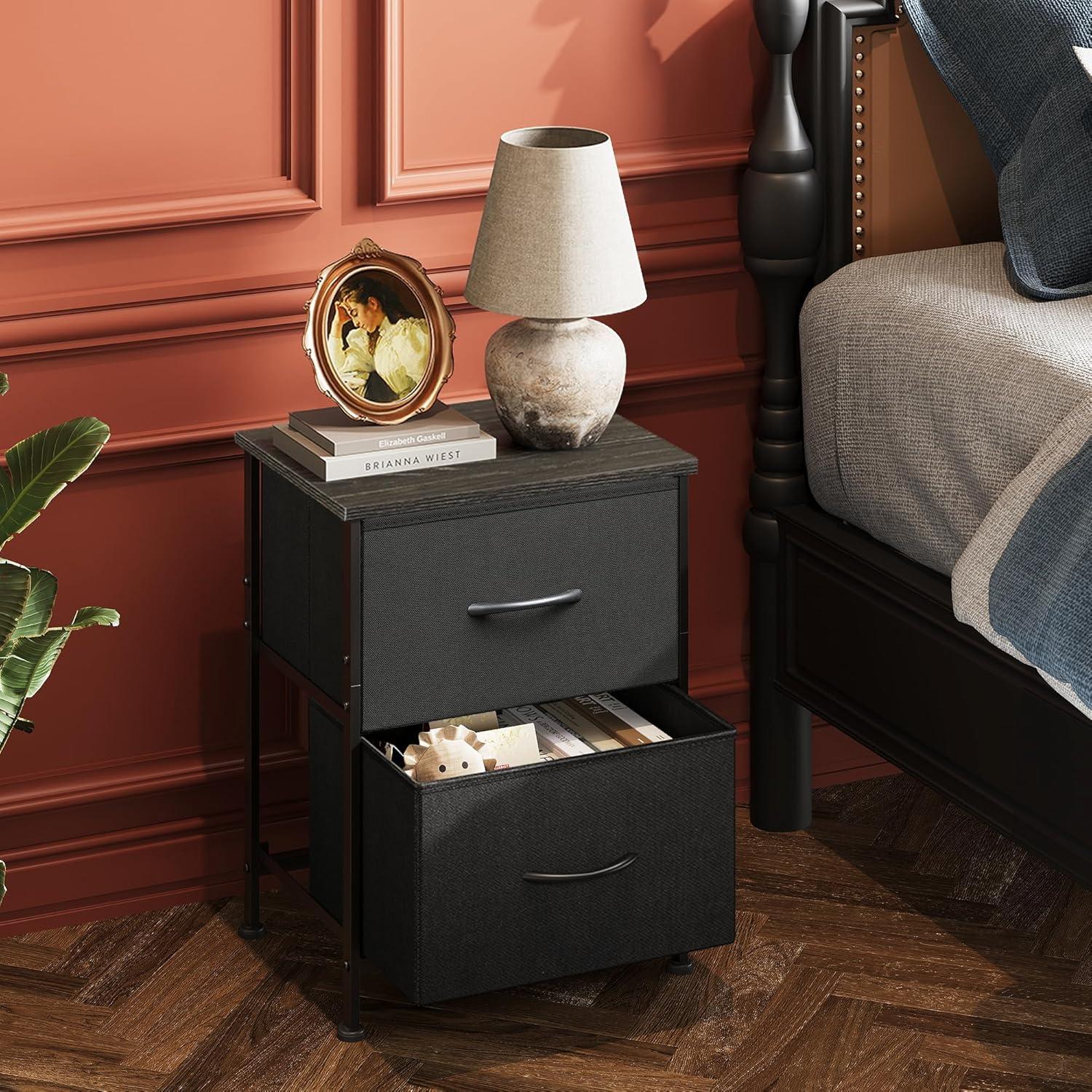 Black Fabric 2-Drawer Nightstand with Steel Frame