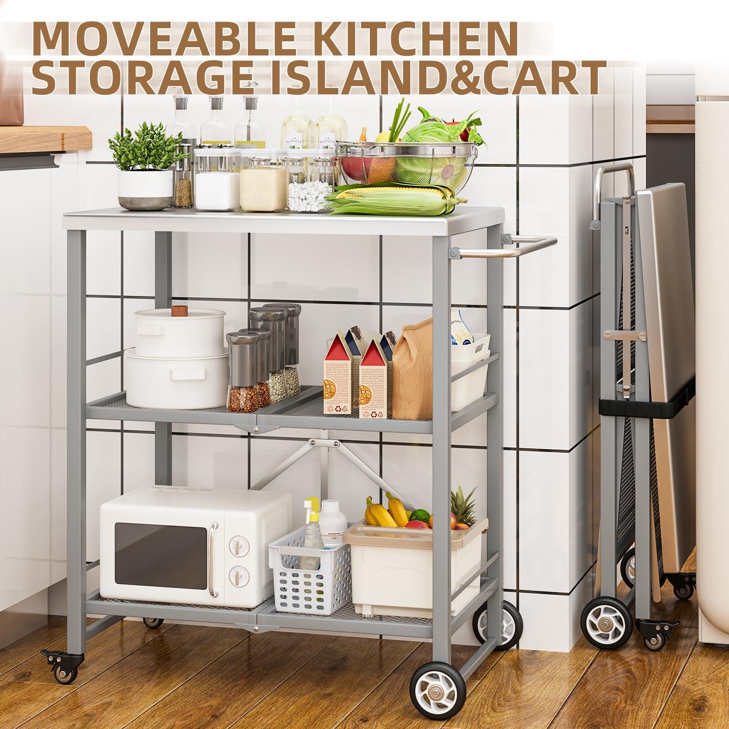 AECOJOY Outdoor Grill Table, Stainless Steel Pizza Oven Stand 3-Tier Folding BBQ Prep Table with Casters, Portable Kitchen Island for Apartment, Studio & Backyard Cooking, Gray