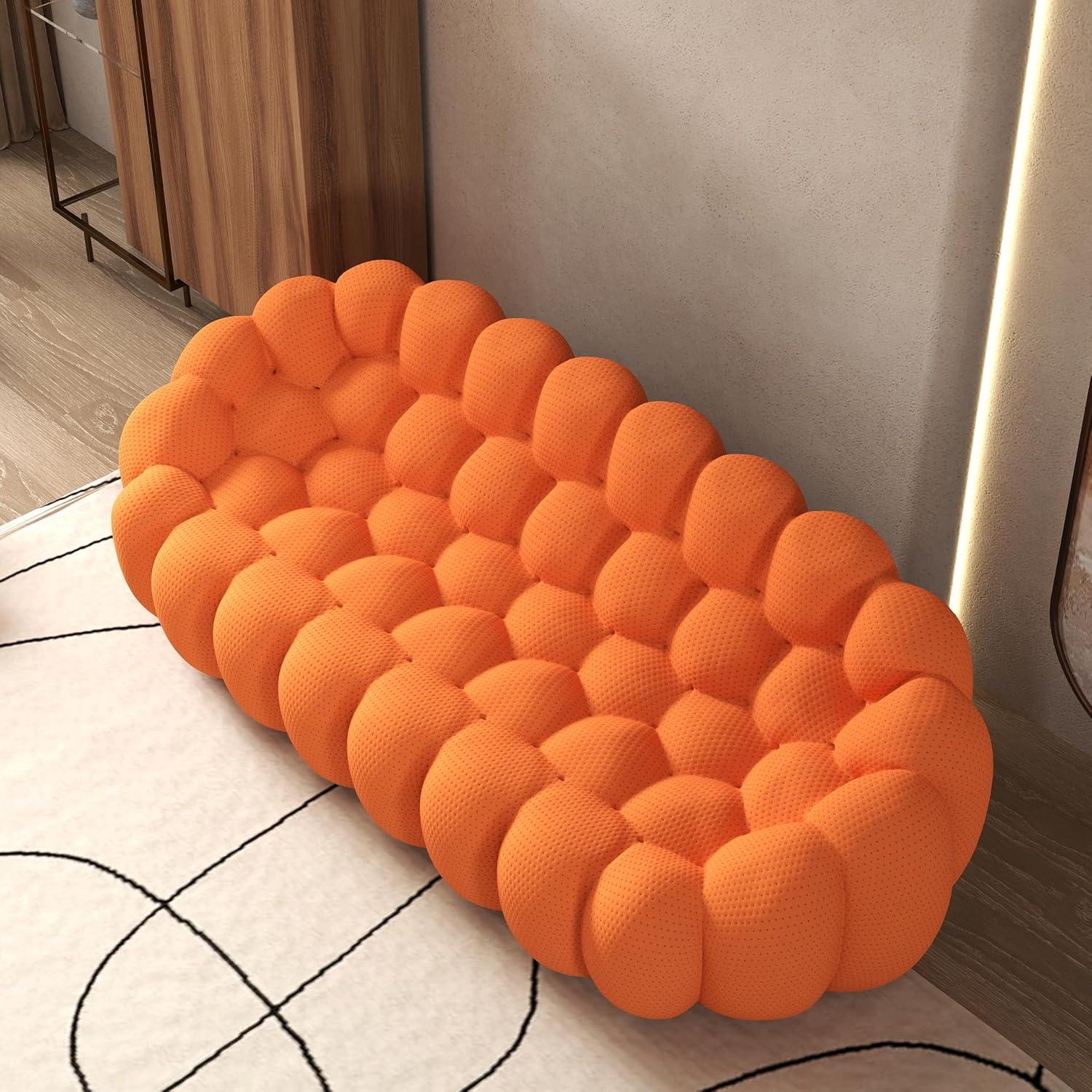 Bubble Couch, 98.43'' Modern 3-Seater Lazy Floor Couch, Memory Foam Bubble Round Sofa 3D Honeycomb Shape Curved Sofas for Living Room, Office, Apartment (Orange)