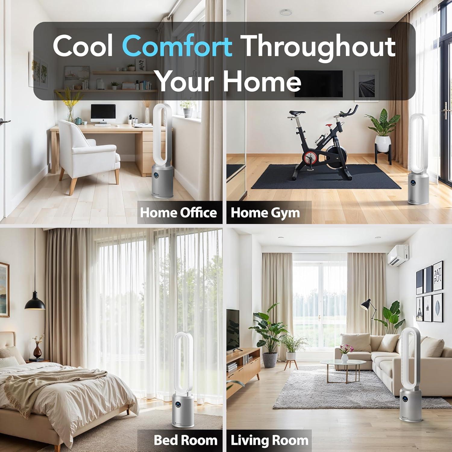Comfort Zone 40" Bladeless Tower Fan with Remote Control, 9H Timer, Wide Area Oscillation, Push Button Digital Display, 3 Speeds, Silver