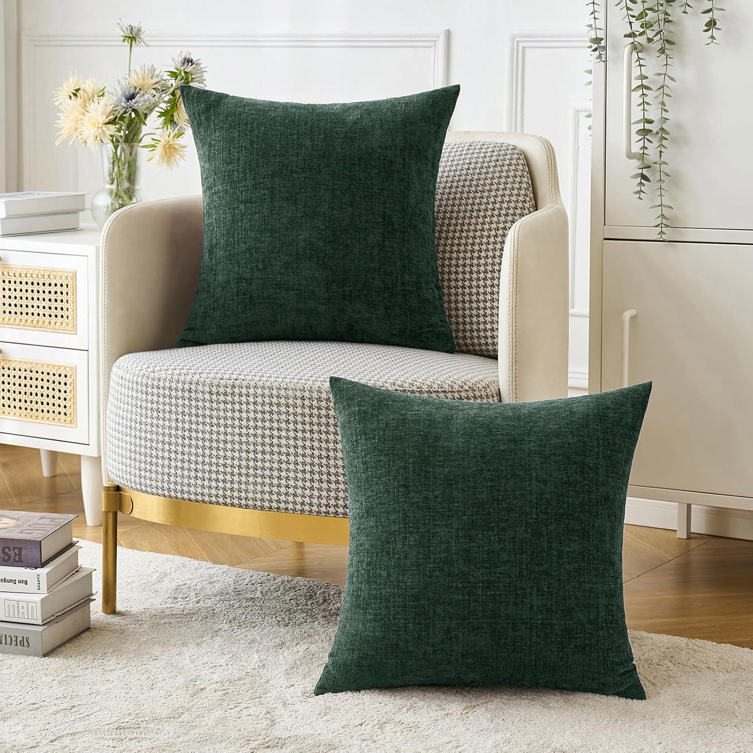 Green Chenille 18x18 Inch Decorative Pillow Covers, Pack of 2