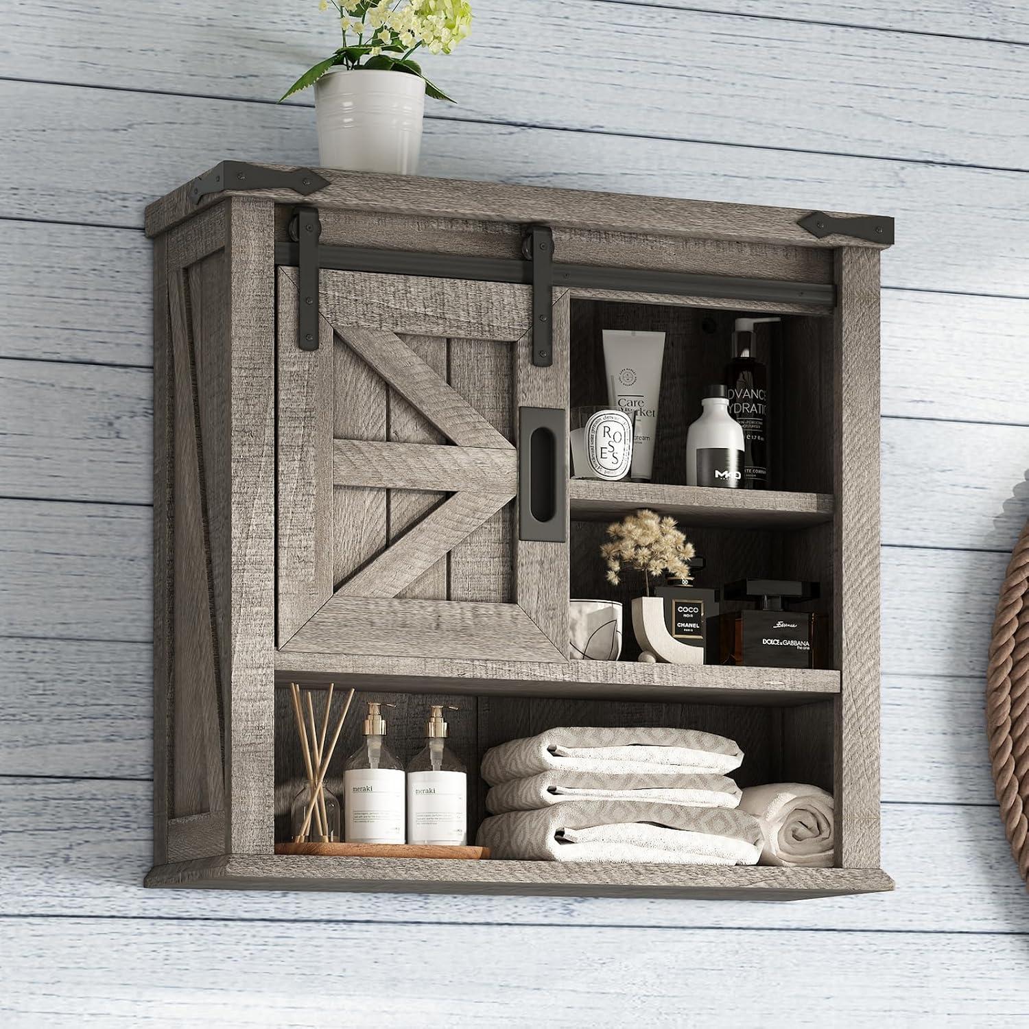 Gracie Oaks 24" Farmhouse Wall Cabinet, Sliding Barn Door & Adjustable Shelf