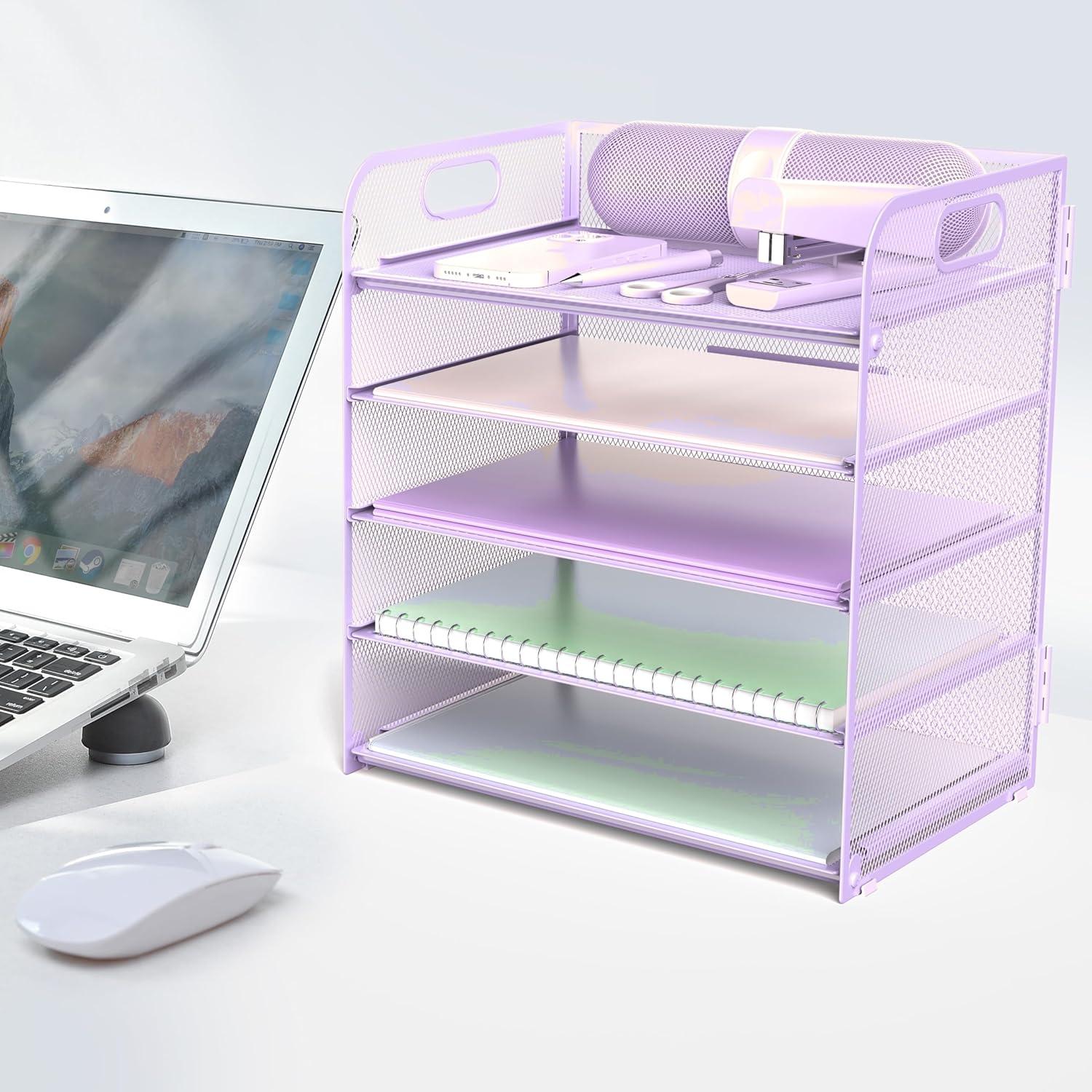 Marbrasse Paper Organizer Letter Tray, 5 Tier Mesh File Organizer with Handle, Paper Sorter Desk Organizer for Home Office Supplies - Purple
