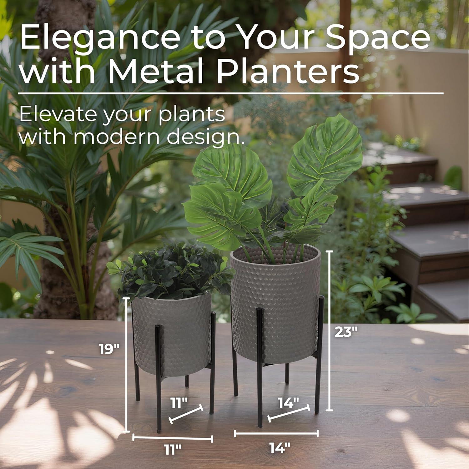 Sagebrook Home Set Of 2 Honeycomb Planter On Metal Stand, Gray/Black, Round, Iron, Contemporary, 23"H, Hexagon