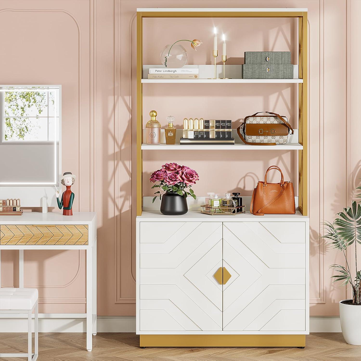 Tribesigns 71" Tall Etagere Bookcase with 3 Shelves 2 Cabinets, White and Gold Bookshelf with Doors, Modern Open Display Bookshelf for Living Room Bedroom Office