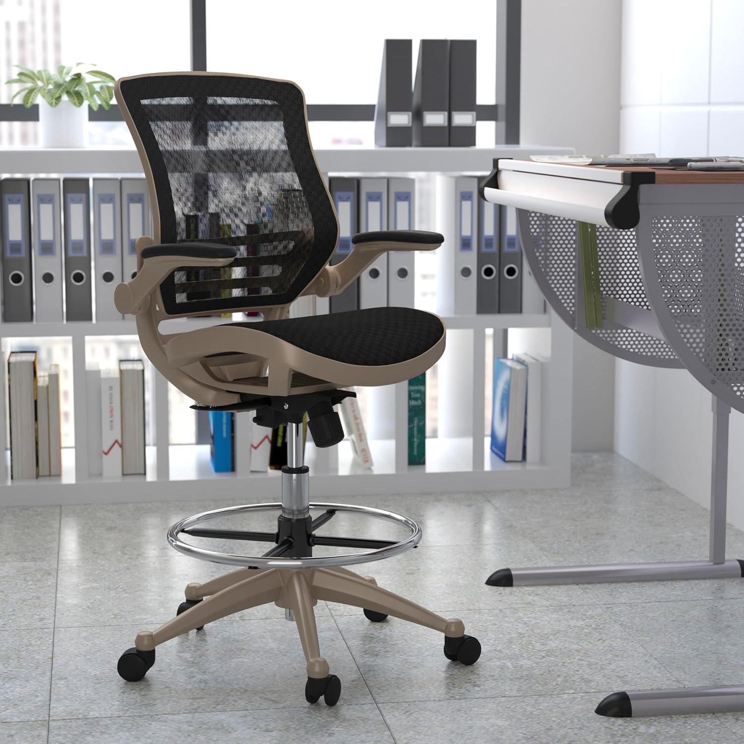Emma and Oliver Gray Mid-Back Mesh Drafting Chair with White Frame and Flip-Up Arms
