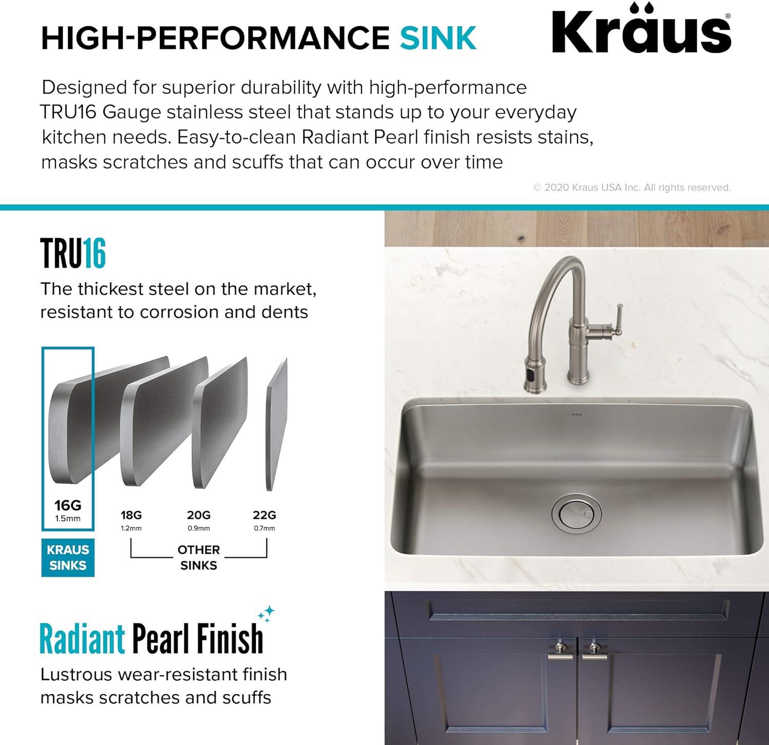 Dex™️ Series KRAUS 33" L Undermount 16 Gauge Stainless Steel Single Bowl Kitchen Sink