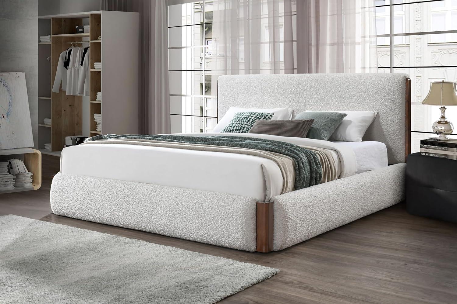 88.98" Queen Bed Sandro Bed White Boucle & Walnut Finish - Acme Furniture: Linen Upholstery, Chrome Frame, No Tools Assembly