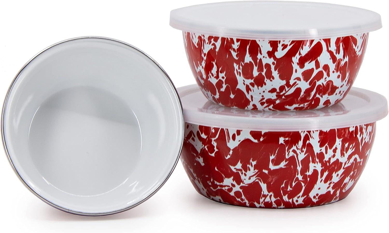 Red Swirl Ceramic Nesting Bowls with Lids, Set of 3