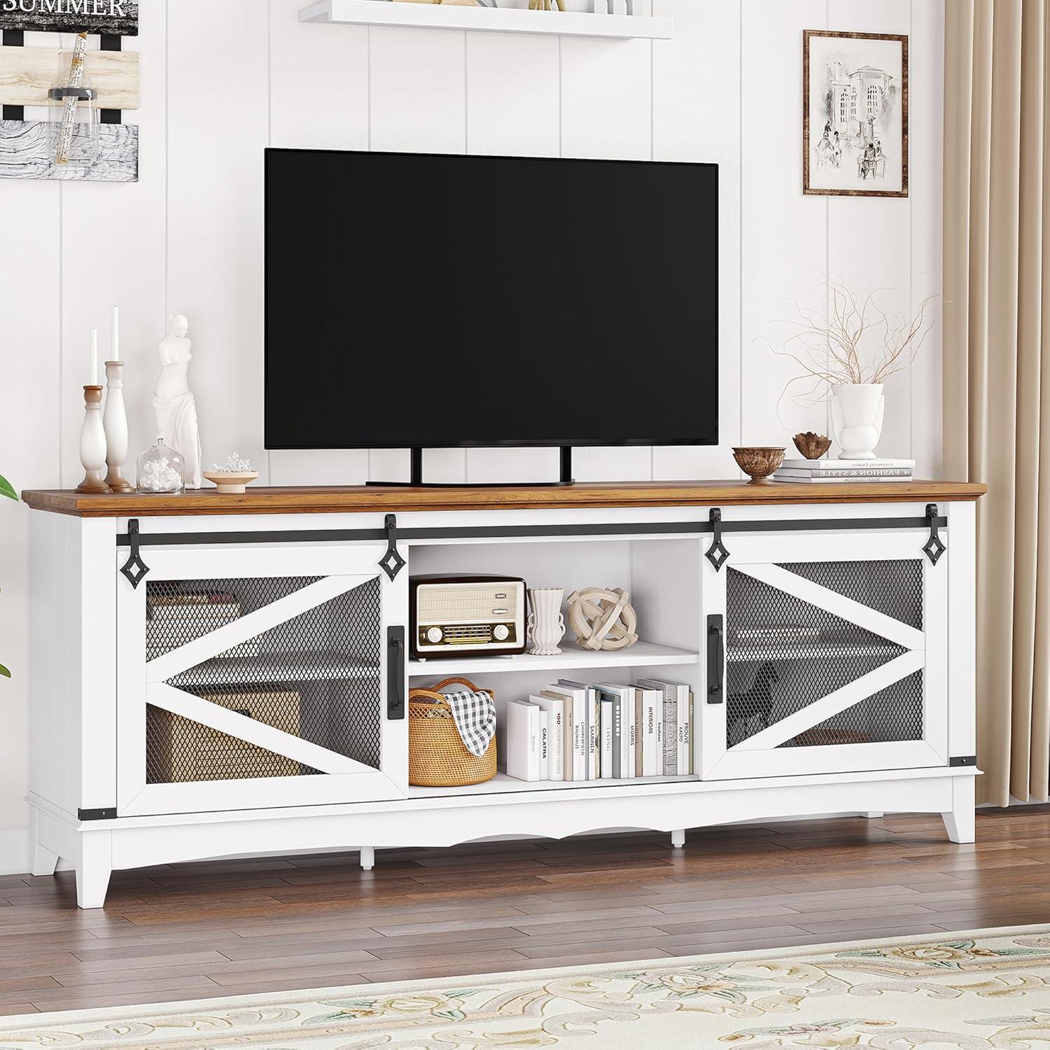 Farmhouse TV Stand with Sliding Barn Doors, TV Cabinet with Storage Shelf, Entertainment Center for 65" TV