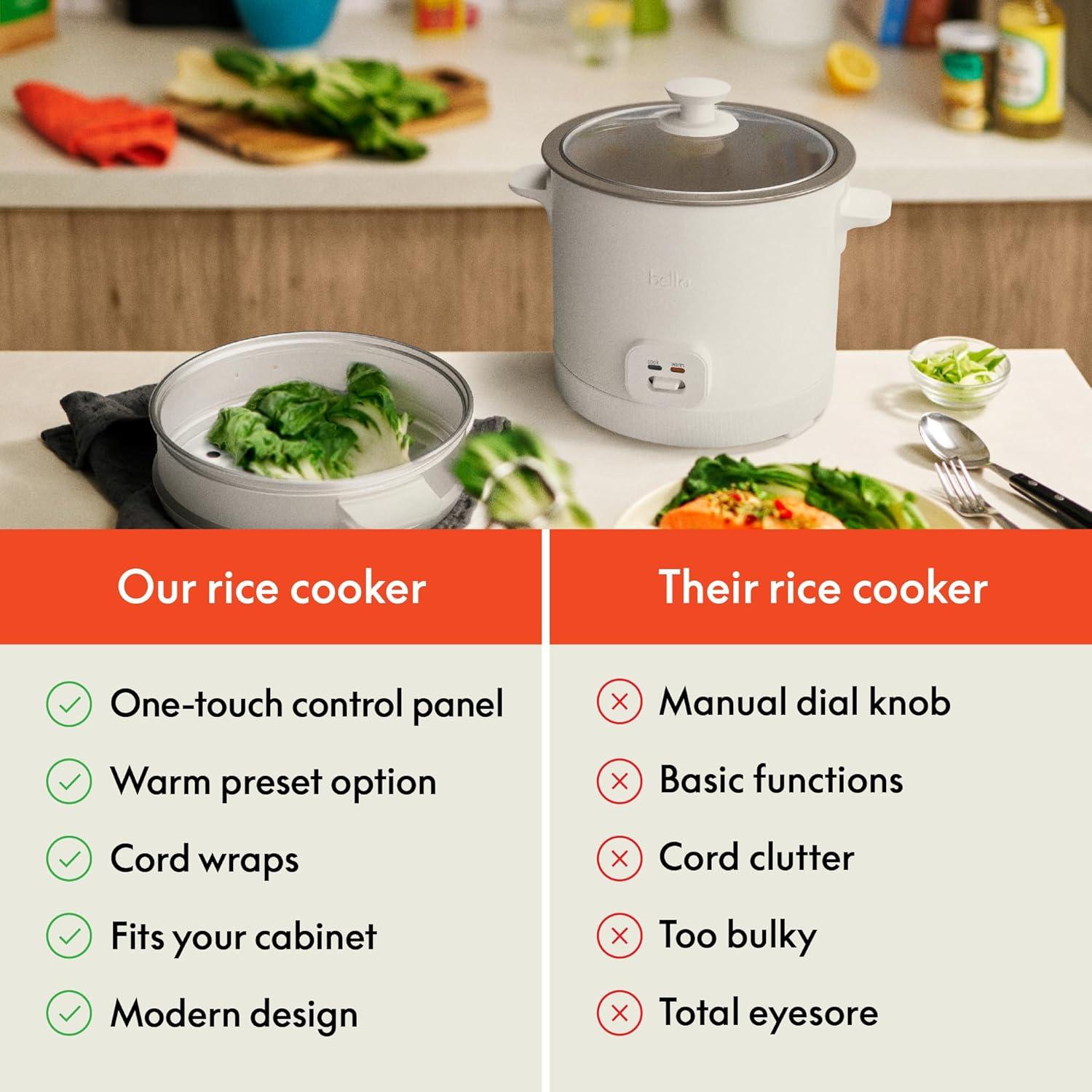 bella 16 Cup Rice Cooker with Steamer Oatmilk: Nonstick Coating, Automatic Keep Warm, Tempered Glass Lid, 2 Settings