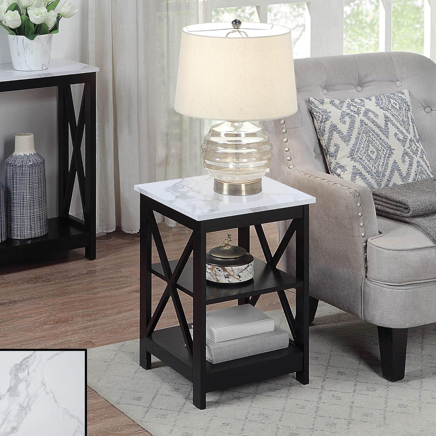 Convenience Concepts Oxford End Table with Shelves, White Faux Marble/Black