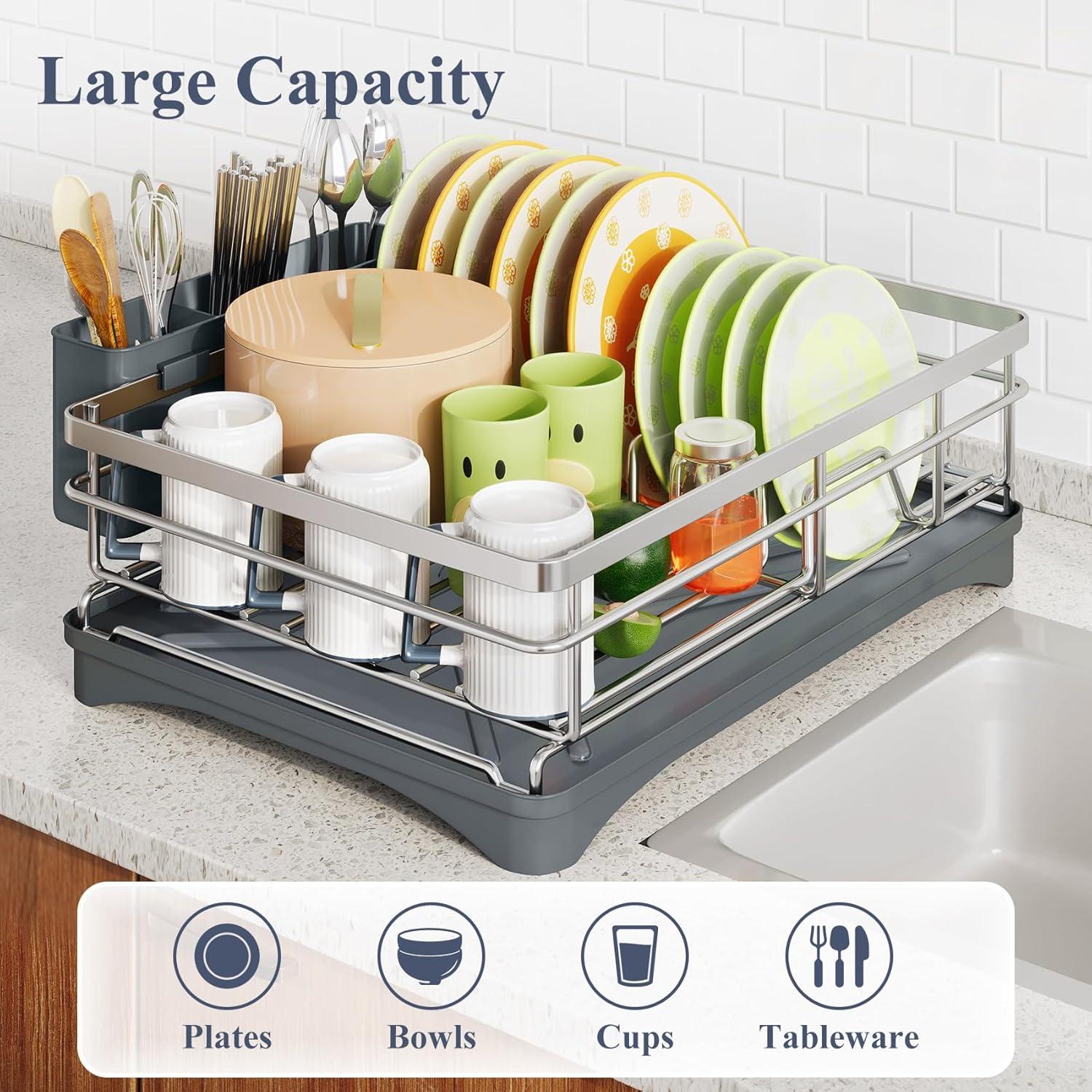 Dish Drying Rack - Stainless Steel Dish Rack for Kitchen Counter, Large-Capacity Dish Drainer with Cutlery Holder, Kitchen Organizer for Dishes, Spoons and Forks, Black