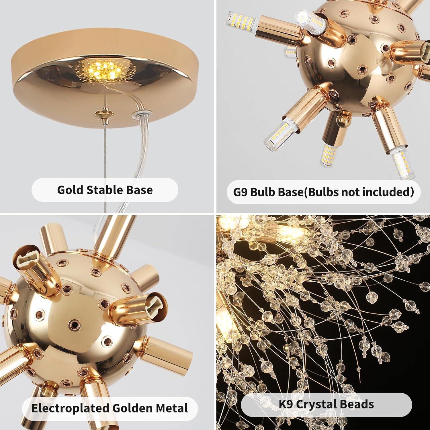 Mercer41 Modern Gold Crystal Chandelier With 12-Light Firework Design, Adjustable Dandelion Pendant Lighting For Dining Room, Living Room, Bedroom, Kitchen, And Hallway