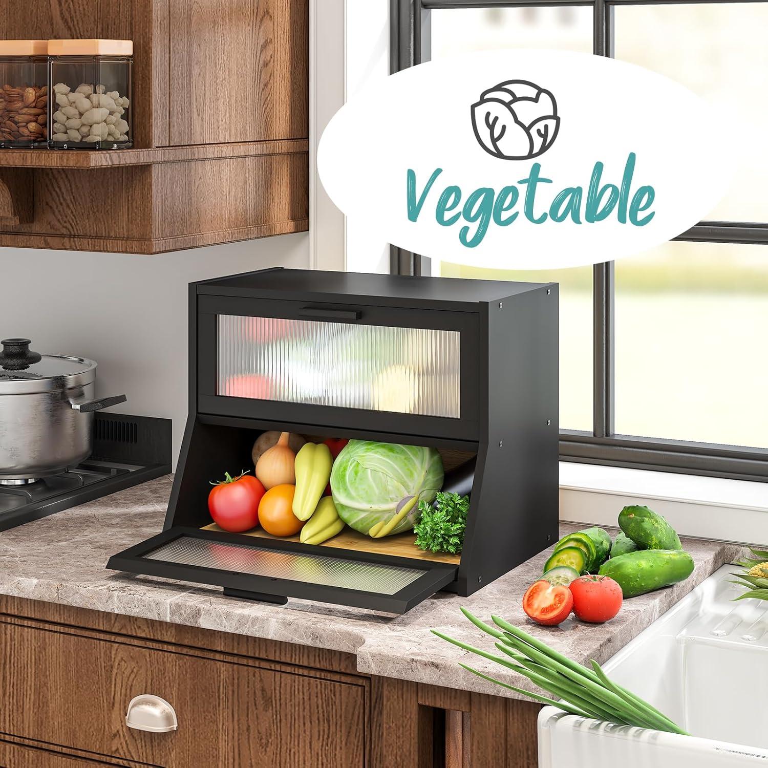 Black Large Bread Box for Kitchen Counter, Bamboo Wooden Double Layer Large Capacity Bread Storage Bin with Acrylic Wavy Door Panel (Black)