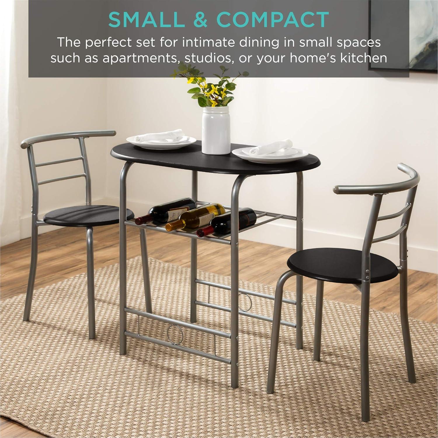 Compact Black/Silver 3-Piece Dining Set with Built-In Wine Rack