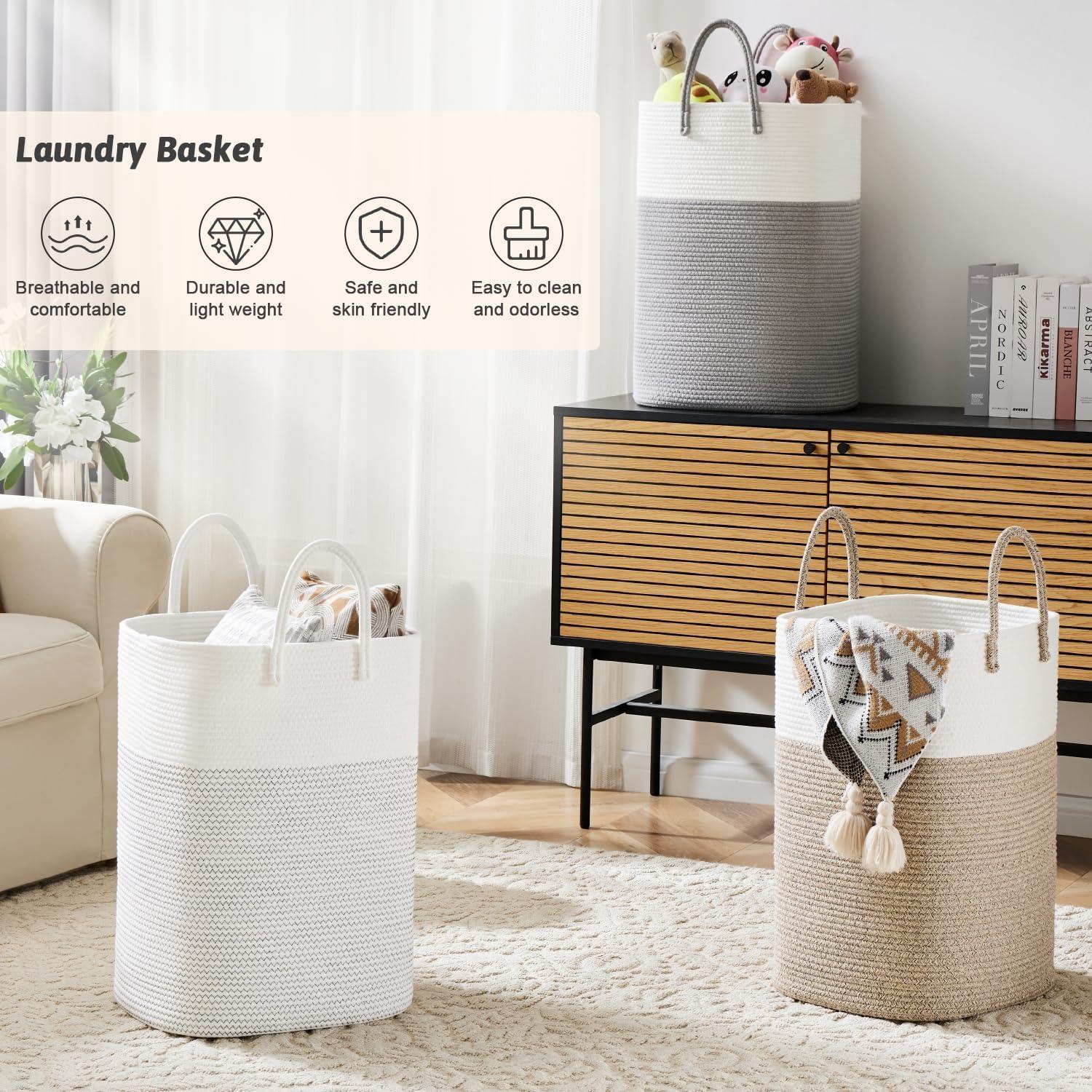 Beige and White Cotton Rope Collapsible Laundry Hamper