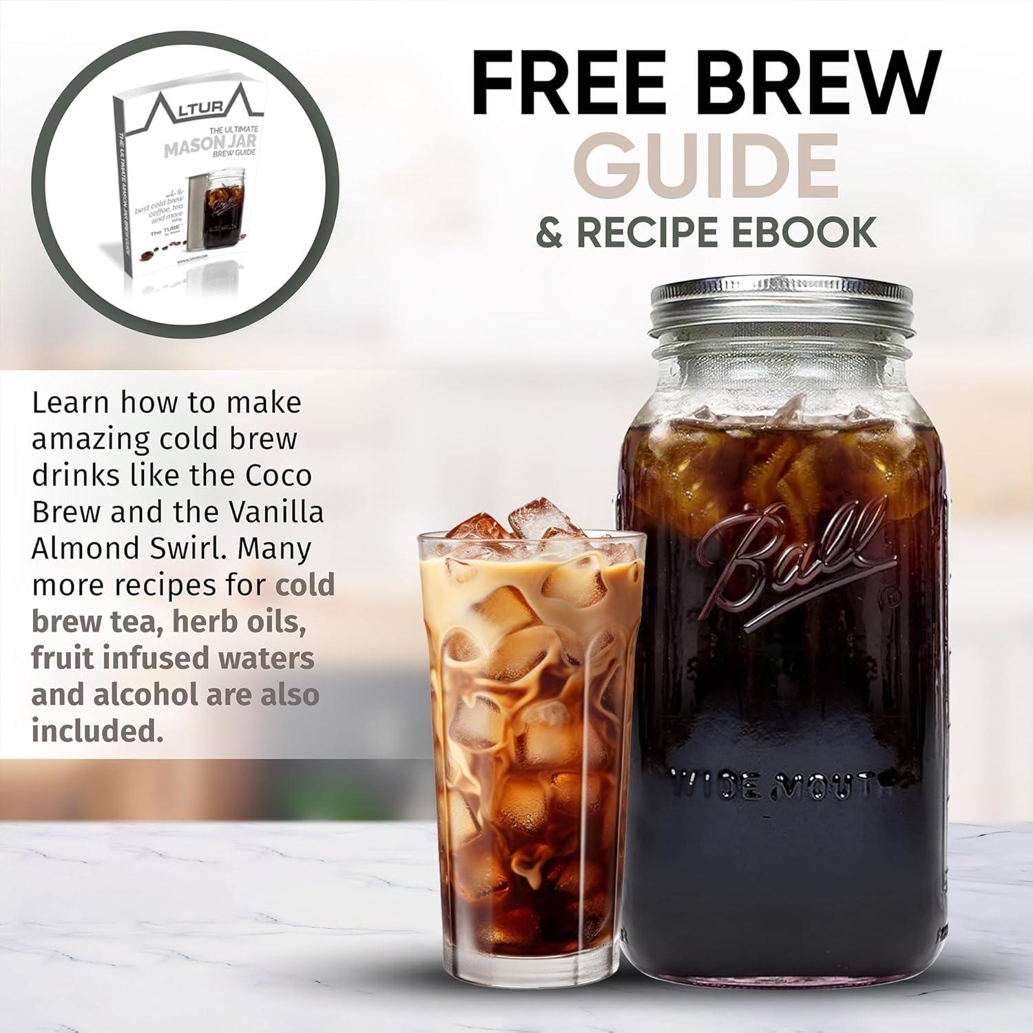 Cold Brew Coffee Maker for Wide Mouth Mason Jar - Stainless Steel Iced Coffee Cold Brew Filter & Infuser Maker for Tea & Fruit Water -Versatile Mason Jar Coffee Brewer & Tea Strainer Kit (64oz/2qt)