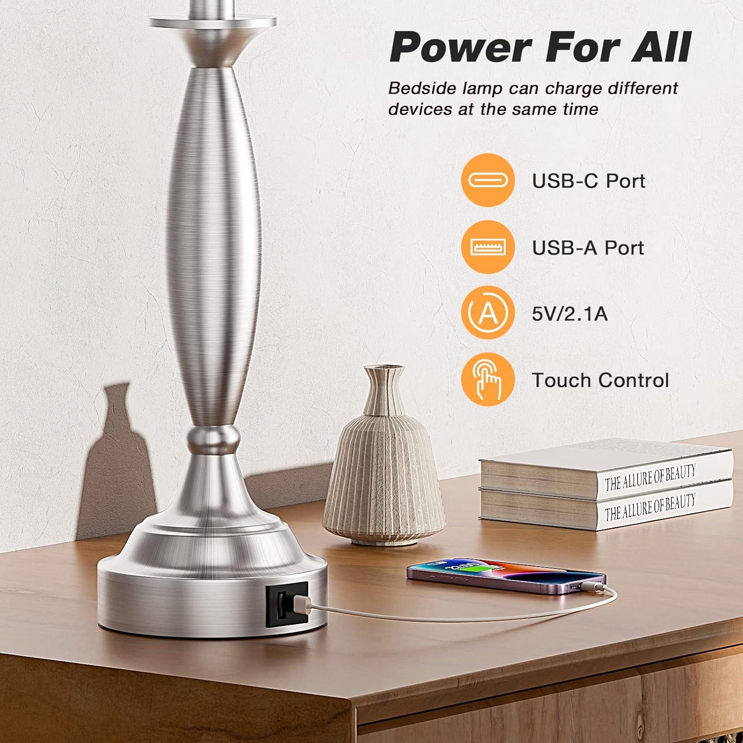 Beige 3-Way Touch Control Table Lamps with USB Ports, Set of 2