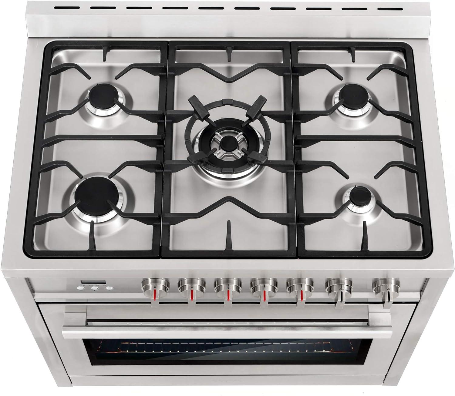 Stainless Steel 36" Gas Range with 5 Burner Cooktop and Rapid Convection Oven