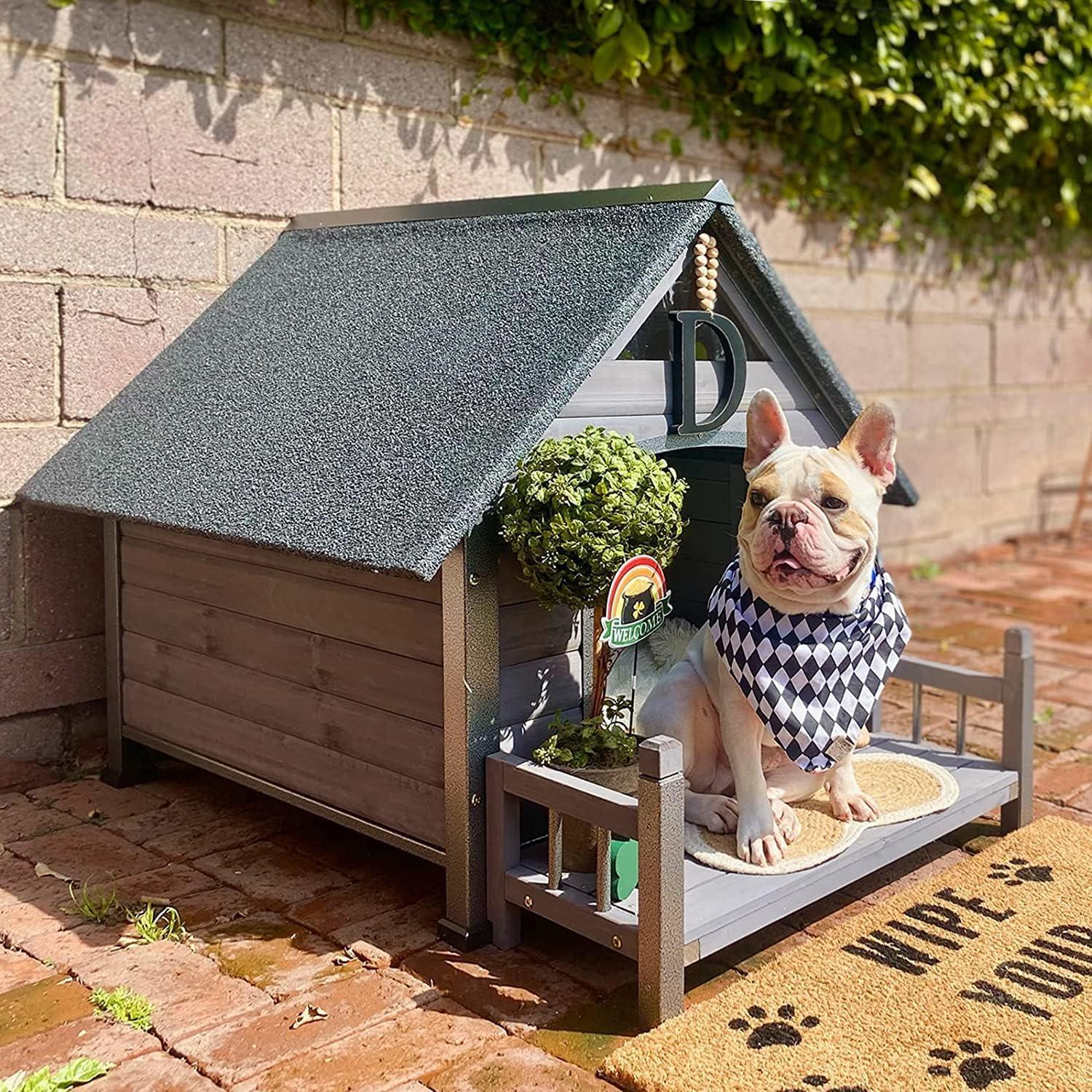 Gray Wooden Small Dog House with Metal Frame and Porch