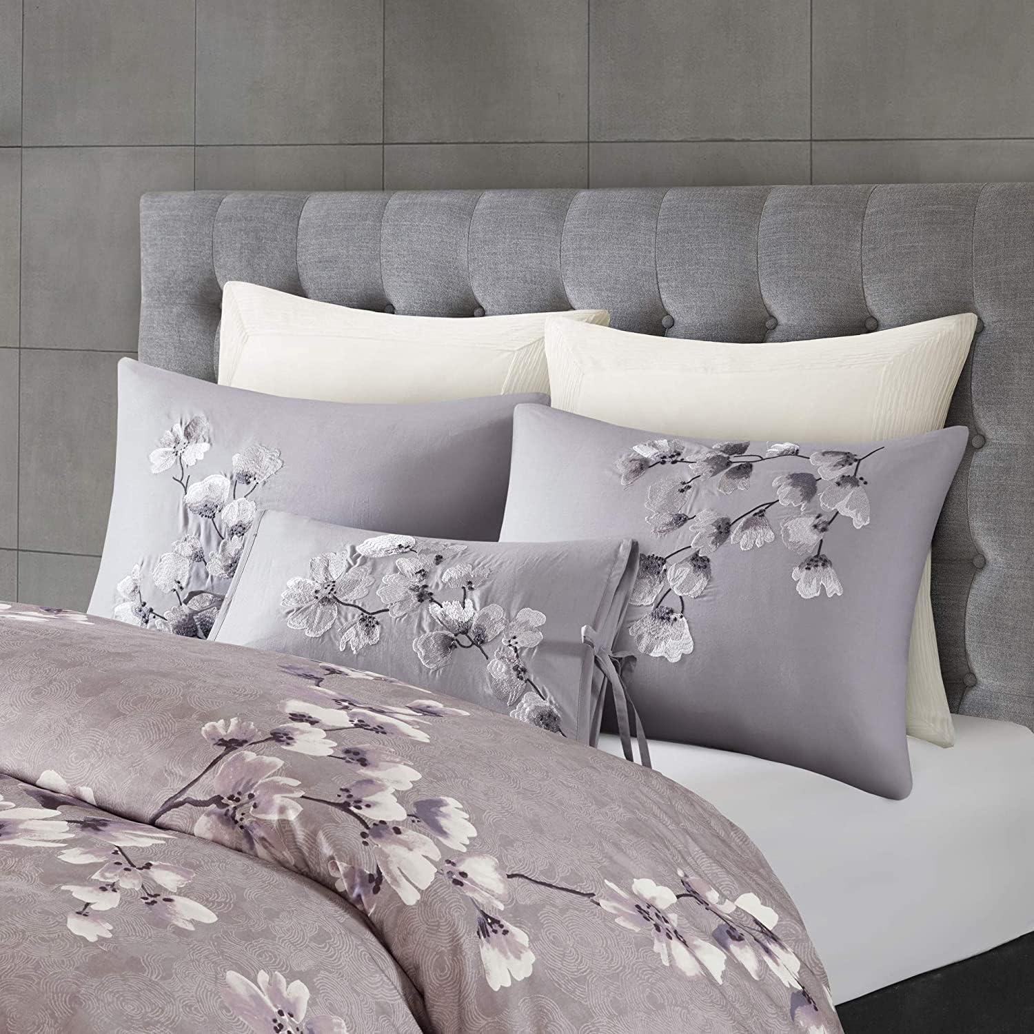 N Natori Sakura Duvet Cover Reversible Cherry-Blossom Cotton Printed Flower Floral Botanical Matching Embroidered Shams Soft Corner Ties All Season Bedding-Sets, King/Cal King(110"x96"), Lilac