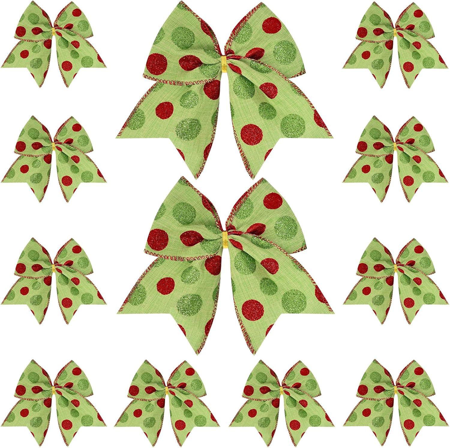 Sandistore Cute Cars 12pcs Christmas Tree Bows Ornaments 6 Inch Large Christmas Wreath Bows Red Green Xmas Tree Bows Christmas Glitter Dot Bows Ribbons Decoration For Garland Diamonds for Crafts