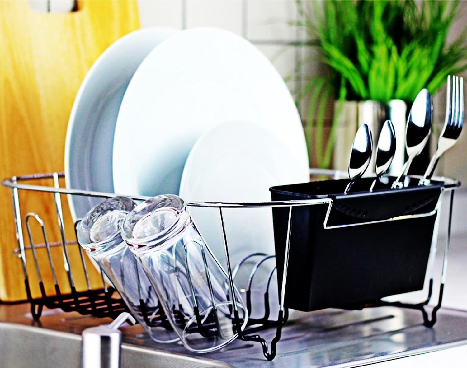 Chrome-Plated Steel Small Dish Rack with Utensil Cup